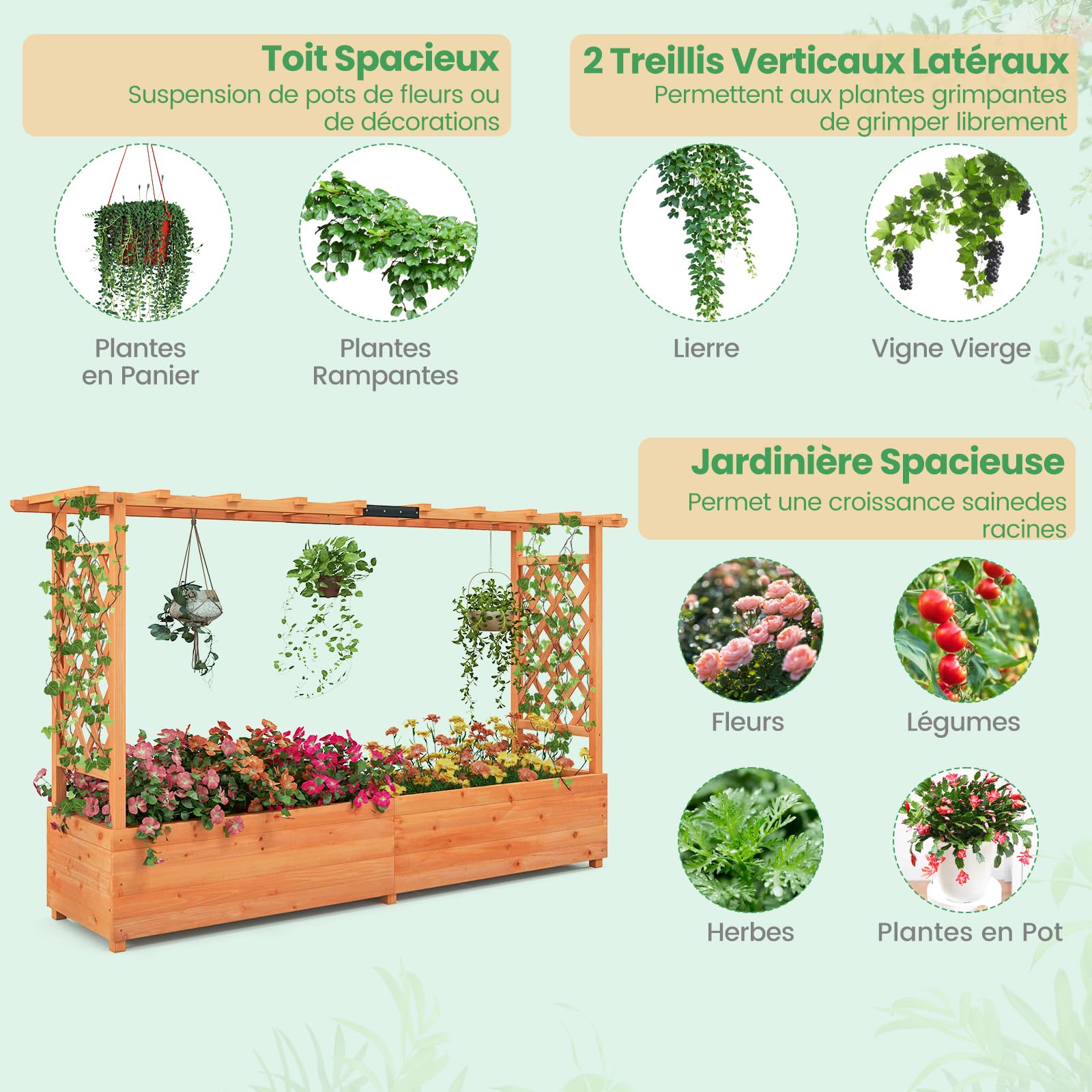 RELAX4LIFE Jardinière Surélevée avec Treillis Latéral & Supérieur, Jardinière sur Pied avec Treillis&Trous de Drainage, Conteneur de Plantes Vertical Pourvignes Grimpantes (200x44x114CM)