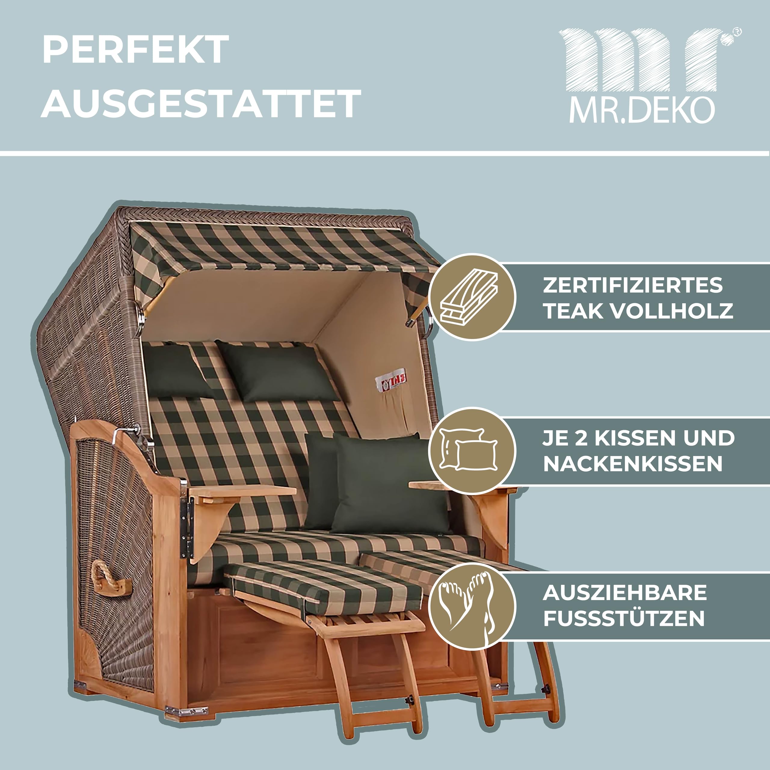 MR. DEKO® Strandkorb Seeblick 2-Sitzer Teakholz | PE Geflecht Grey | Volllieger verstellbar mit Fußablage | inkl. 4 Kissen + Wechselpolster | Strandkörbe Teak fertig montiert Strandstuhl (Dessin 506)