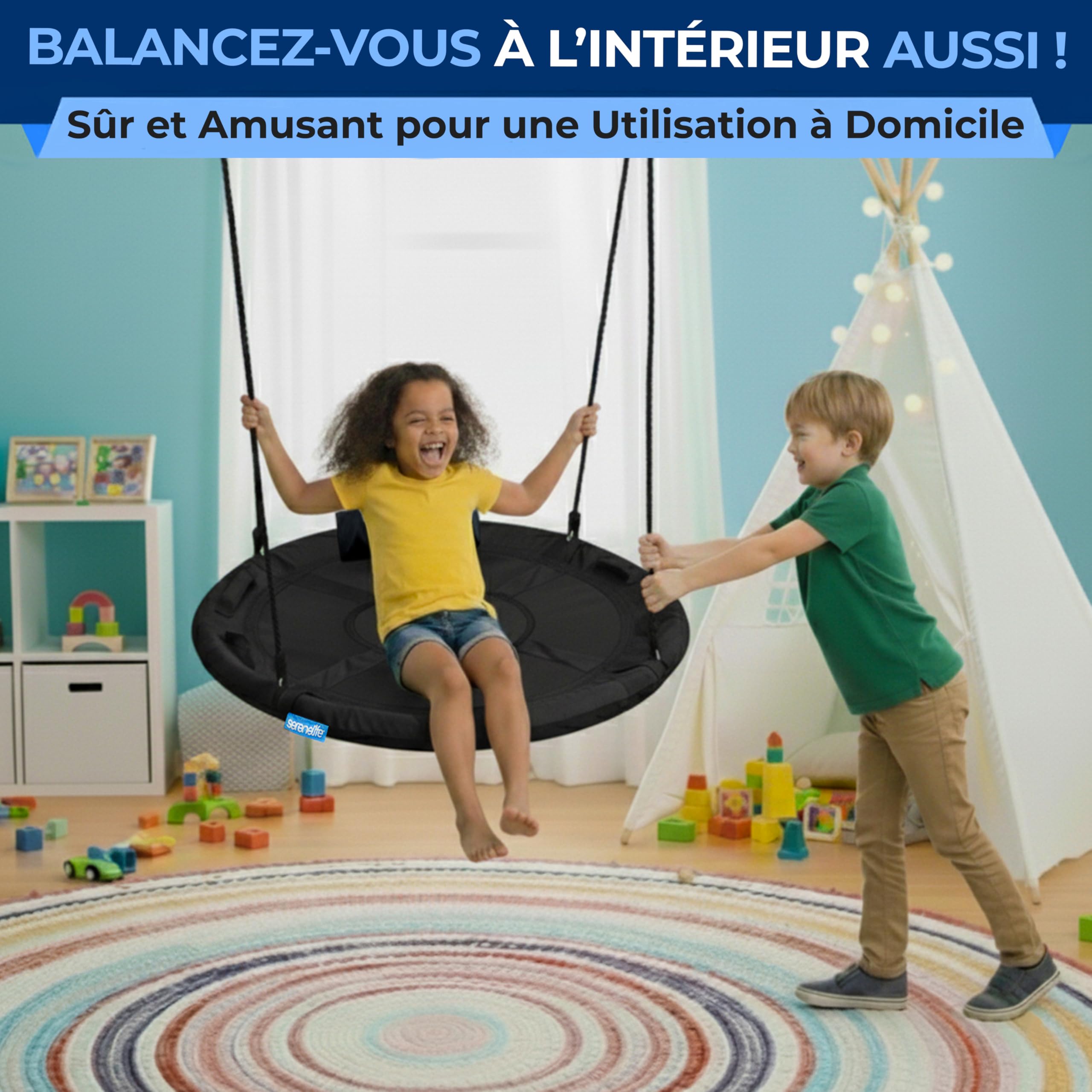 SereneLife Balançoire Exterieur Tournante 100 cm avec Coussin – Siège Extérieur Imperméable avec Sac, Charge 317 kg | Kit de Suspension Universel, Tapis Résistant à l’Eau, Noir