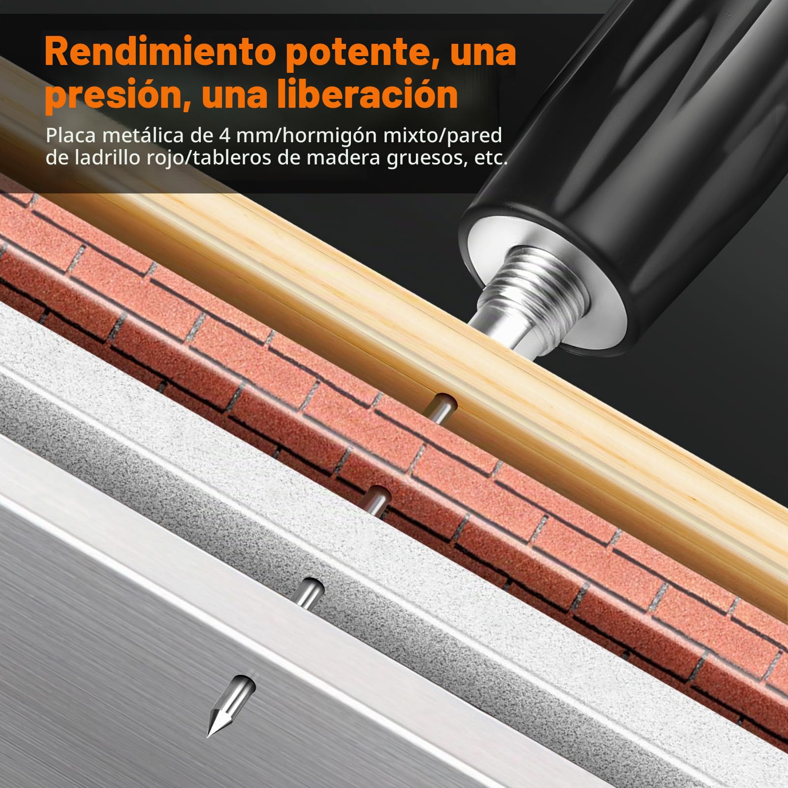 Pistola de clavos manual XIHUANNI con 300 clavos redondos, ajustable de 5 velocidades, para acero y hormigón, portátil y silenciosa, equipo de protección incluido (negro y naranja)