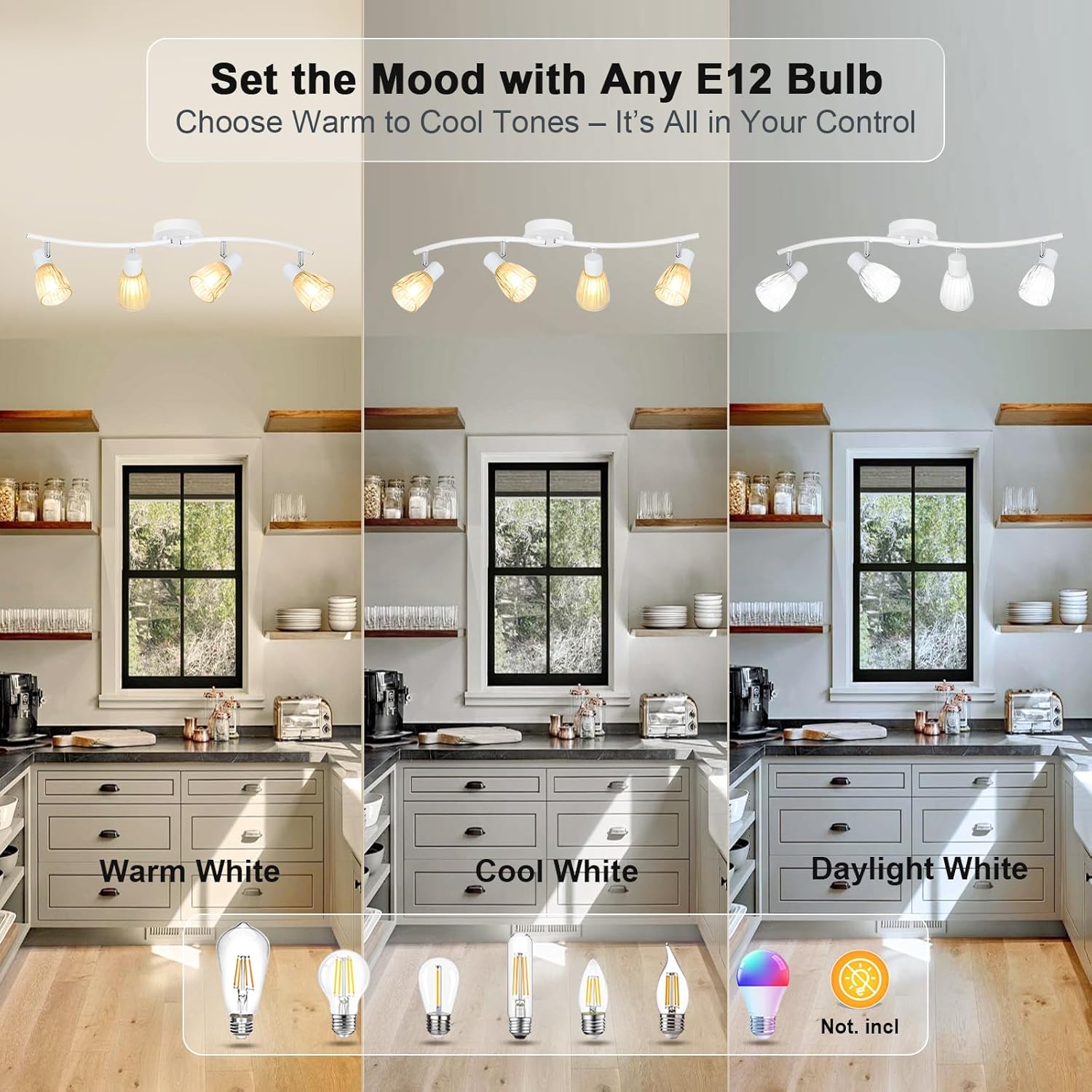 HiBay 4-Light Track Lighting White, Adjustable Modern Ceiling Light Fixture w/Glass Shades, Flush Mount Ceiling Wall Spotlight Indoor for Bathroom, Kitchen, Living Room, E12 Base, No Bulbs