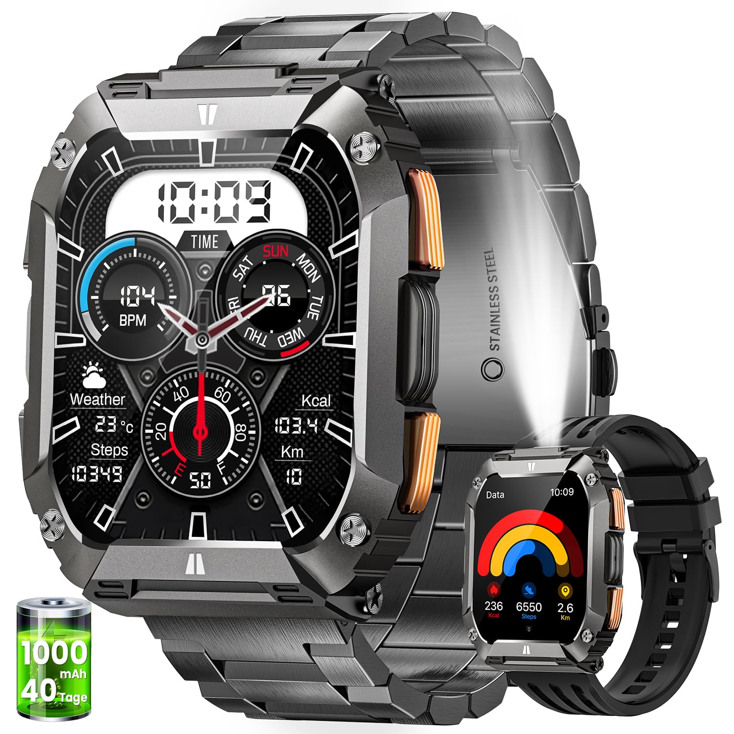 BANLVS Reloj Inteligente Hombre con LED Linterna/1000mAh, 2.01" AMOLED Smartwatch Militar con Llamadas, 5ATM Impermeable Pulsera Actividad, 113 Modos Deportivos, Pulsómetro/Sueño/Podómetro Android iOS