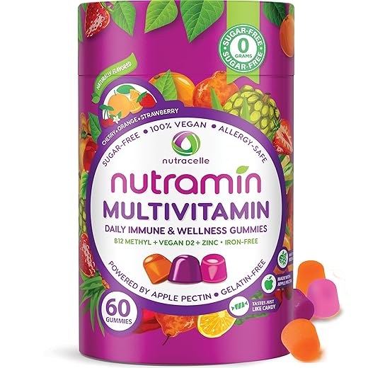 NUTRAMIN Daily Vegan Keto Multivitamin Gummies Vitamin C, D2, and Zinc for Immunity, Plant-Based, Sugar-Free, Nut-Free, Gluten-Free, with Biotin, Vitamin A, B, B6, B12 & More 90 Count, 45 Days