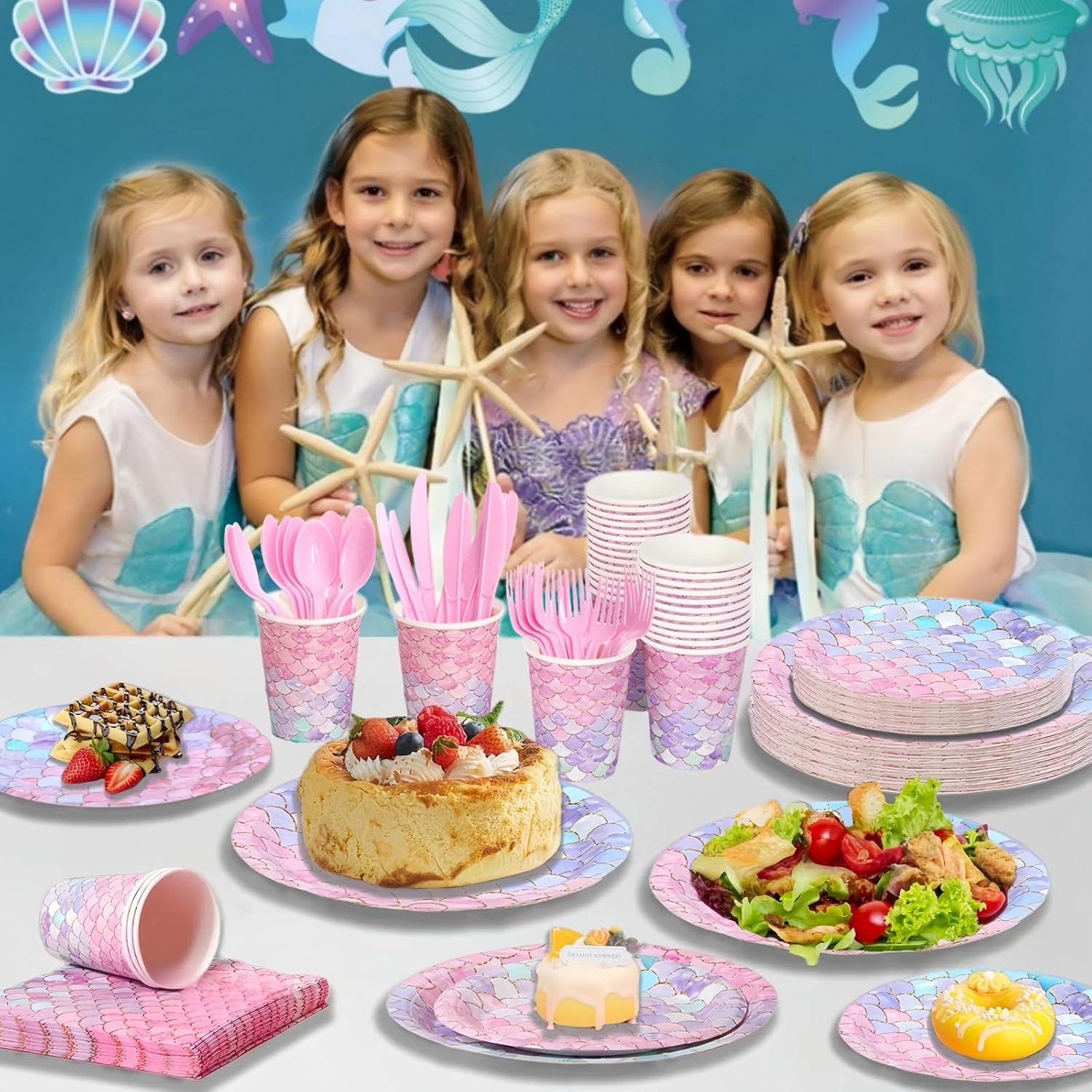 Askljeby 168 Pcs Mermaid Birthday Party Decorations Plates Set for 24 Guests, Little Mermaid Party Supplies Ocean under the Sea Party Plate Napkins Knives Forks Spoons Cups for Princess Girls