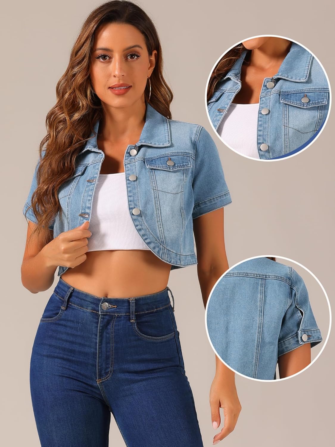 Allegra K Casual Denim Jacket for Women's Turndown Collar Short Sleeves Crop Jean Jackets - Image 4