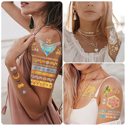 Miniatura 4 de EMOME 10 hojas de tatuajes de henna con purpurina dorada para mujeres y niñas, mandalas, elefantes, tatuajes metálicos temporales para adultos,