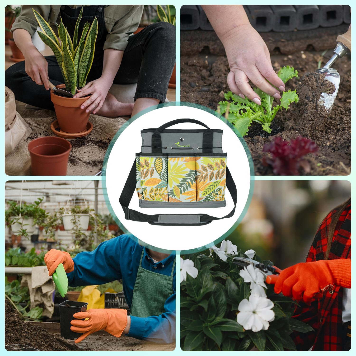 MORROWIND Borsa Attrezzi da Giardino in Tessuto Oxford, Tote con Tasche e Tracolla Regolabile Organizzatore Attrezzi con Tasca con Cerniera per Giardinaggio e Lavoro nel Prato, Verde Floreale