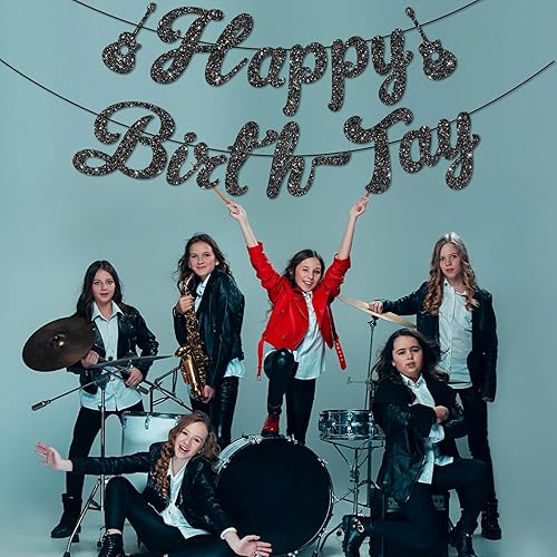 Miniatura 3 de Decoraciones de cumpleaños con texto en inglés Happy Birth-Tay, pancarta de cumpleaños sin bricolaje, decoración negra con purpurina para fiesta de