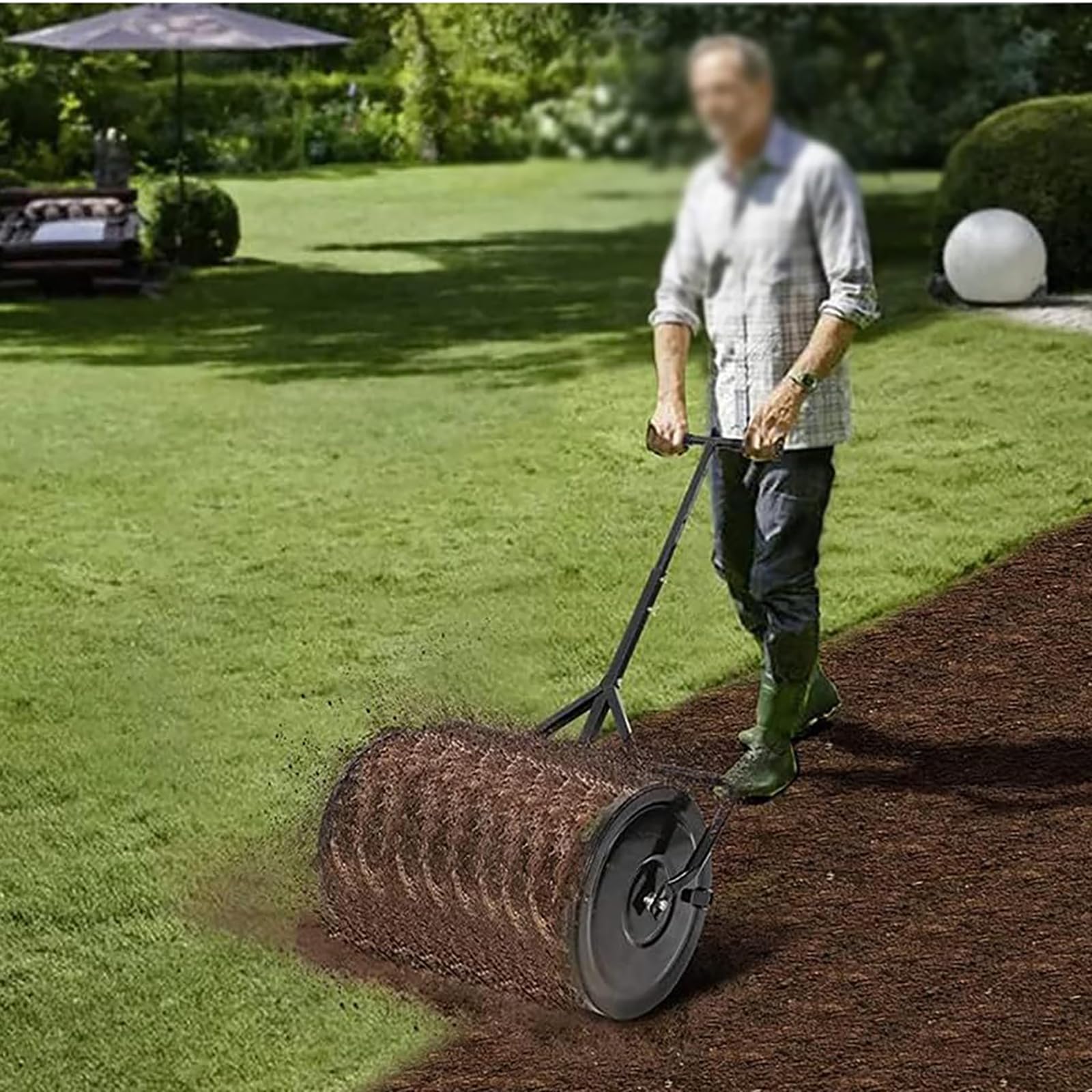 Esparcidor de abono de 24 pulgadas, esparcidor de césped con ruedas, esparcidor de semillas de musgo de turba multiusos con mango ajustable, para aderezo de abono, suciedad, mantillo, fertilizante, su
