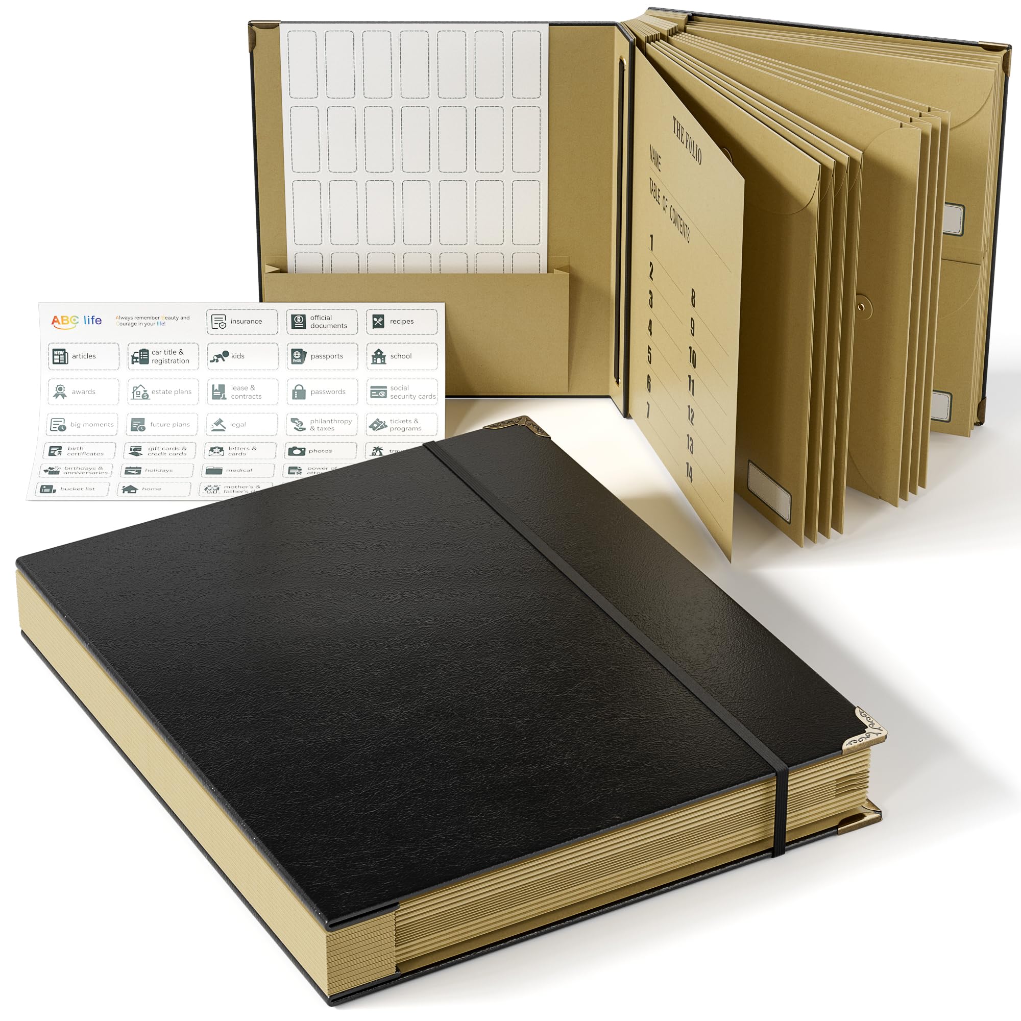 ABC life Folio Important Document Organizer, Customized Expanding File Folder for Important Papers, Letters, Birth Certificates, Emergency Binder, Photos, Passports, Black