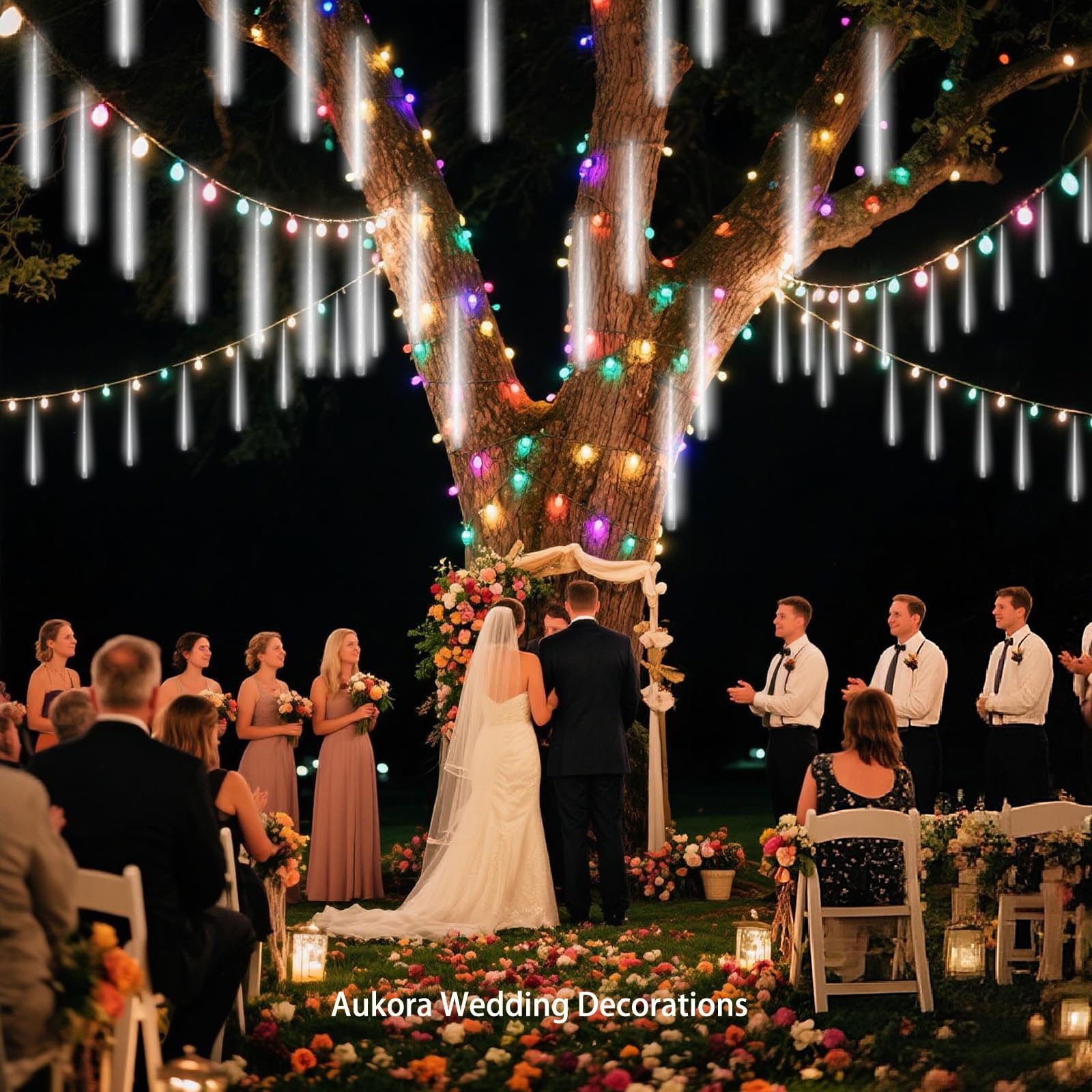 Aukora - Luces blancas de Navidad para exteriores, enchufe UL, 24 tubos 576 LED, luz de lluvia de meteoros, carámbano en tandemable, luz de lluvia para árbol de Navidad, Halloween, decoraciones de