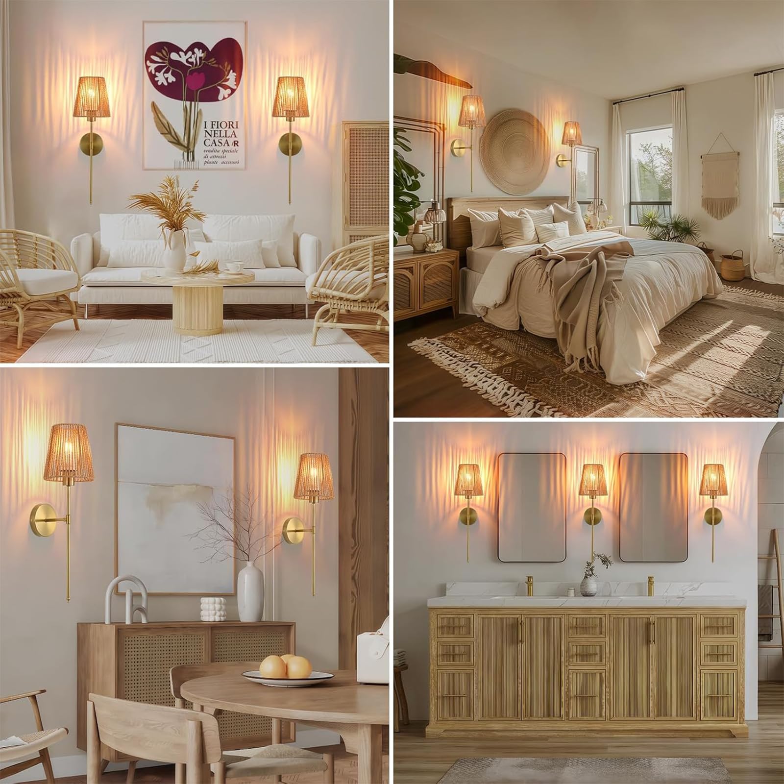 LED Bateria Kinkiety ścienne z pilotem Możliwość ściemniania Lampy ścienne USB Akumulator Vintage Oświetlenie Rattan Abażur do Wnętrz Sypialnia Salon (czarny, 2 szt.)