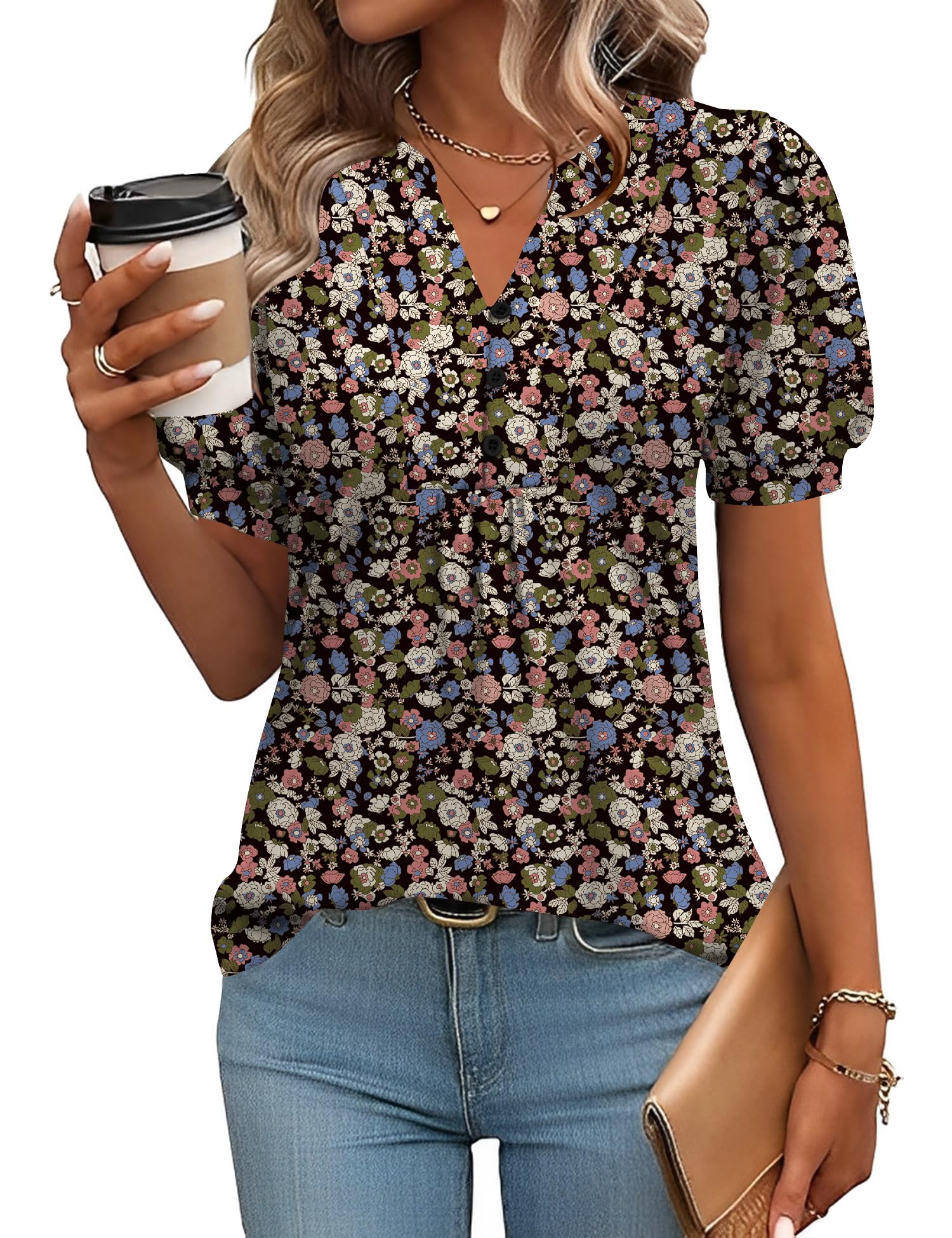 IECCP Womens Tops Puff Short Sleeve Shirts Dressy Casual Henley V-Neck Summer Tops Pleated T-Shirts Loose Fit Tunic Blouses