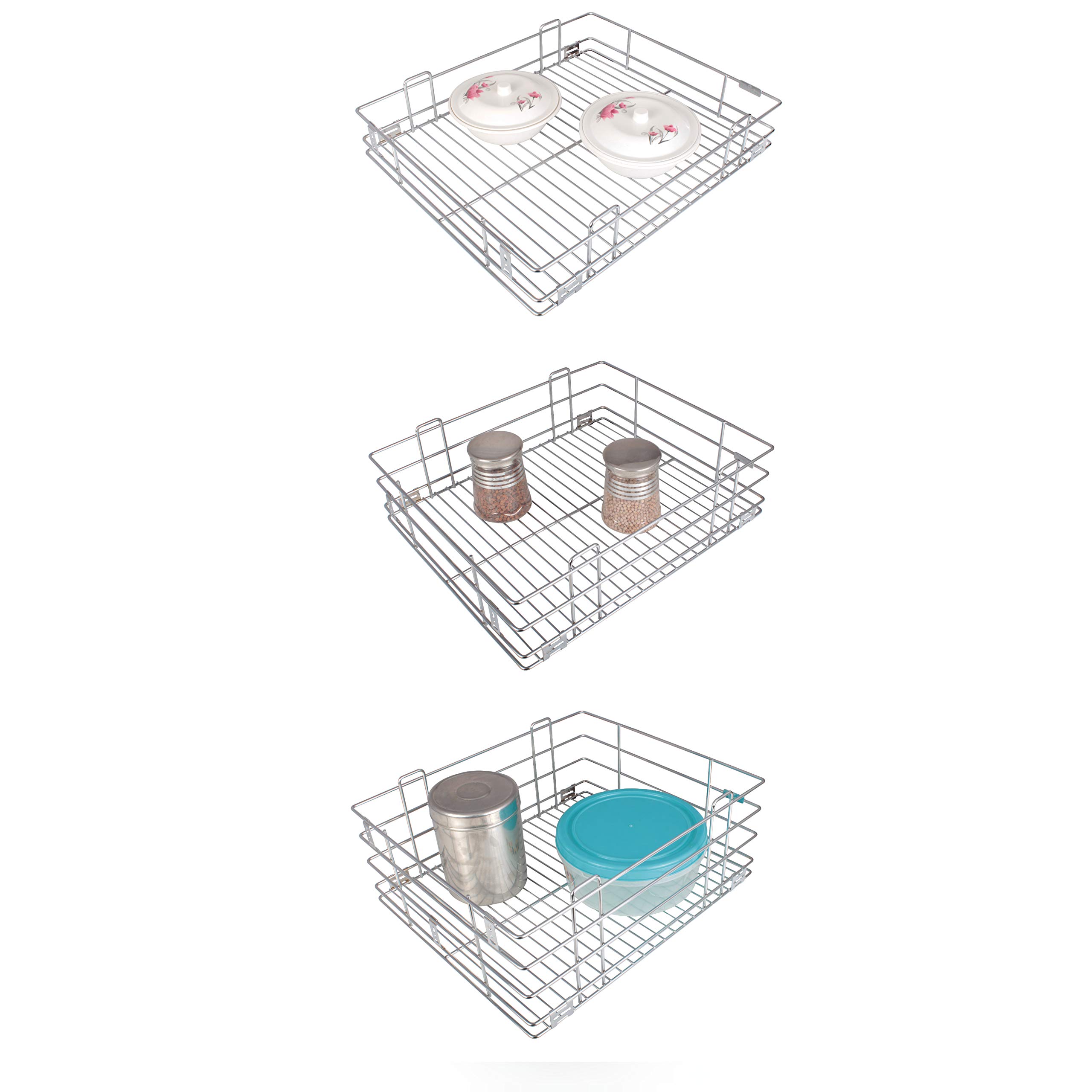 Landwood Stainless?Steel Modular Kitchen Storage Basket Size Kitchen Rack/Kitchen Drawer All Kitchen Cabinet use (15x18x4, 15x18x6, 15x18x8 Inch) - Set of 3
