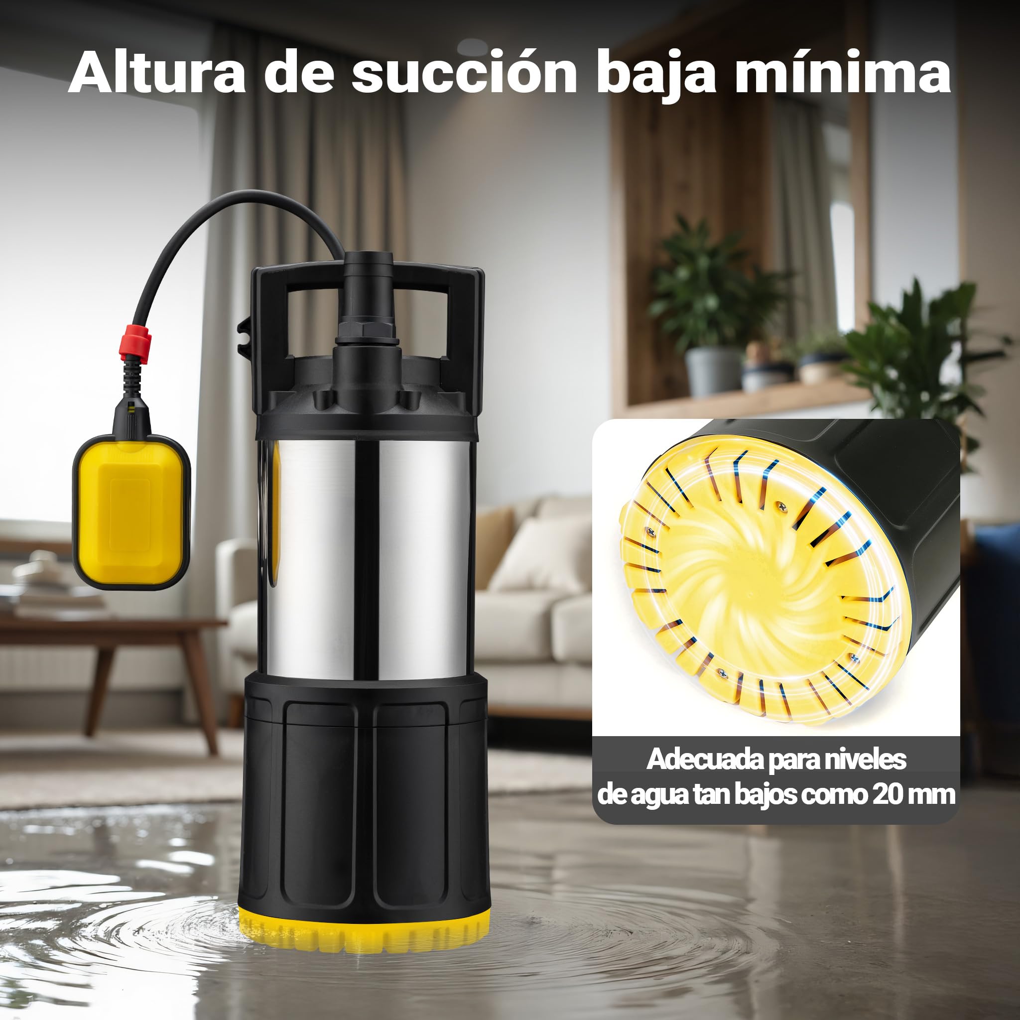 Bomba de agua sumergible Wiltec 1200 W 6000 l/h 40 m, inmersión 7 m, interruptor flotador, PPO acero inoxidable
