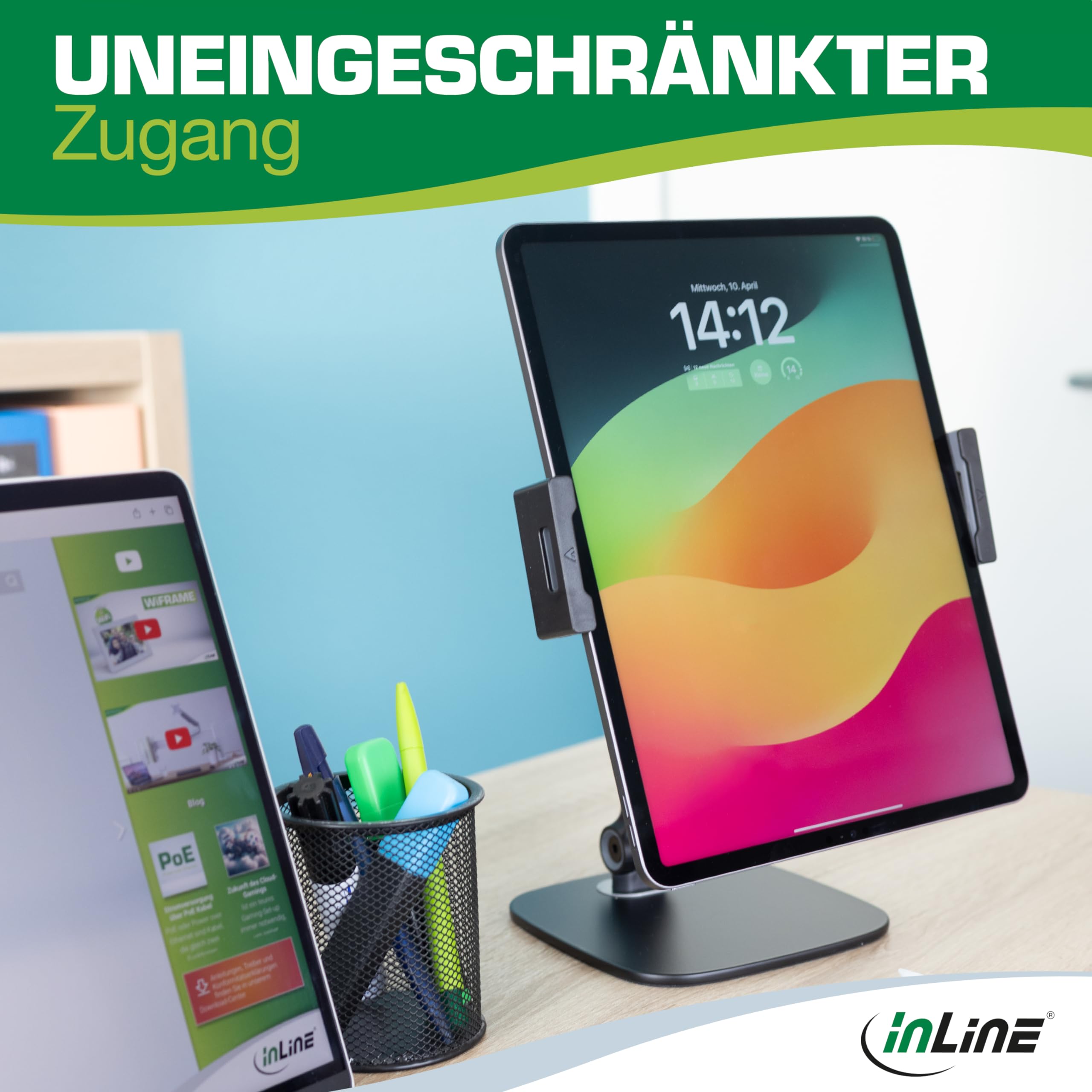 InLine 55720S uchwyt na tablet z podstawką, uchwyt na stół, stojak, regulowany, uniwersalny, do iPad Pro, iPad Air, Mini, Samsung Tab, Huawei i innych, czarny, do 12,9"