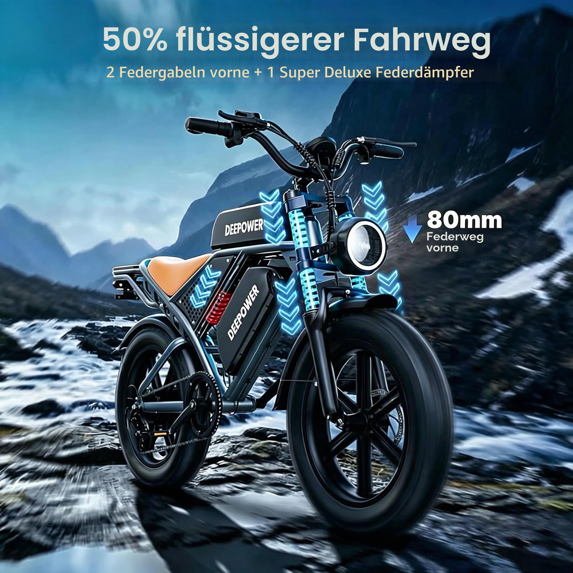 DEEPOWER Elektrisches Fahrrad, abnehmbarer Akku 48 V 20 Ah/35 Ah/60 Ah, Autonomie 110 – 250 km, maximale Geschwindigkeit 25 km/h, Elektrofahrrad mit breiten Reifen 20 Zoll × 4,0, 7 Gänge, Mountainbike