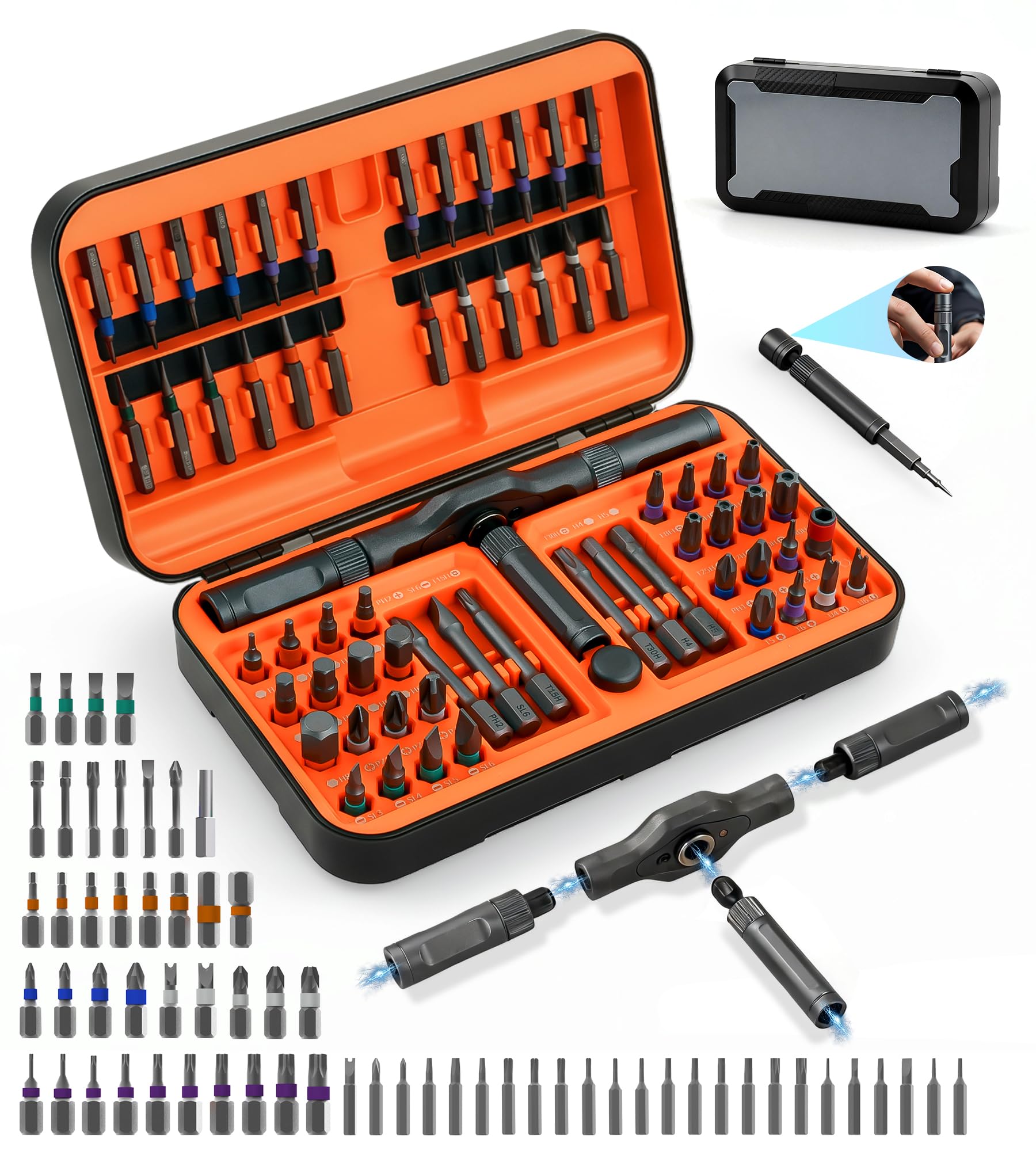 Juego de destornilladores de trinquete magnéticos 66 en 1, kit de herramientas profesionales de precisión de acero S2 con funda magnética, destornillador de trinquete para montaje de muebles