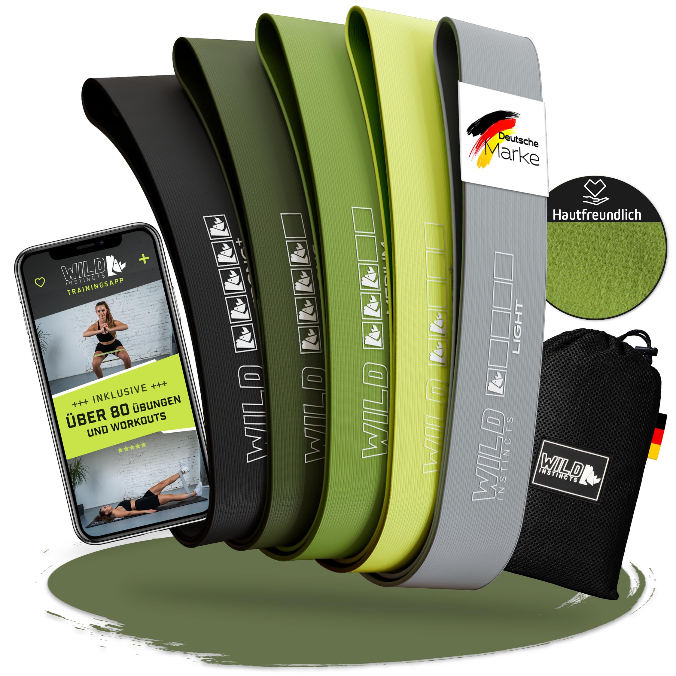 Wild Instincts Loop Bands Set aus Stoff - Mini Bands Stoff für Krafttraining - Fitnessbänder Stoff - Mini Resistance Band - Miniband Fitness - Stretch Band Fitness mit WebApp