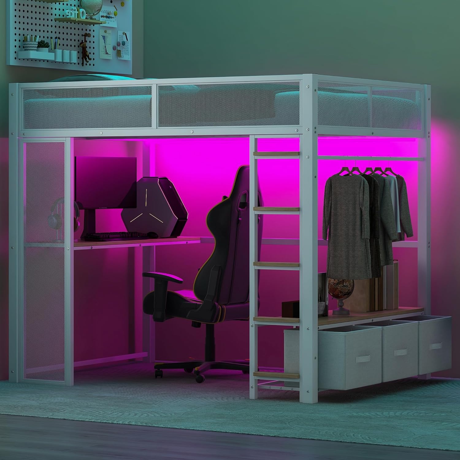 Merax Metal Full Size Loft Bed with Desk illuminated by purple LED lights.
