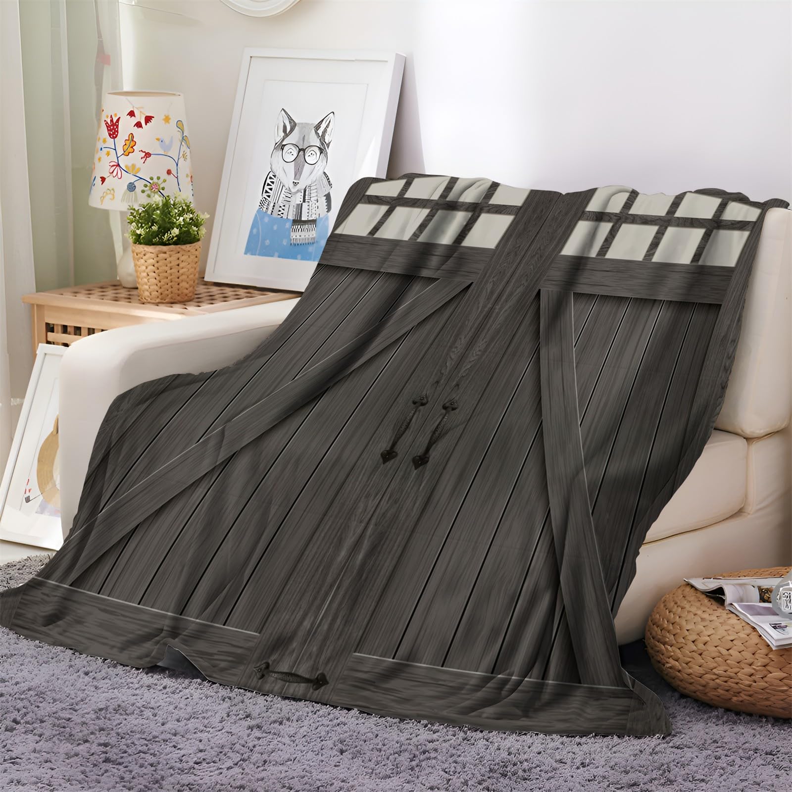 Manta de forro polar retro con puerta de madera, 220 x 240 cm, mullida, suave, cálida, acogedora, manta de viaje para dormitorio, sala de estar, oficina