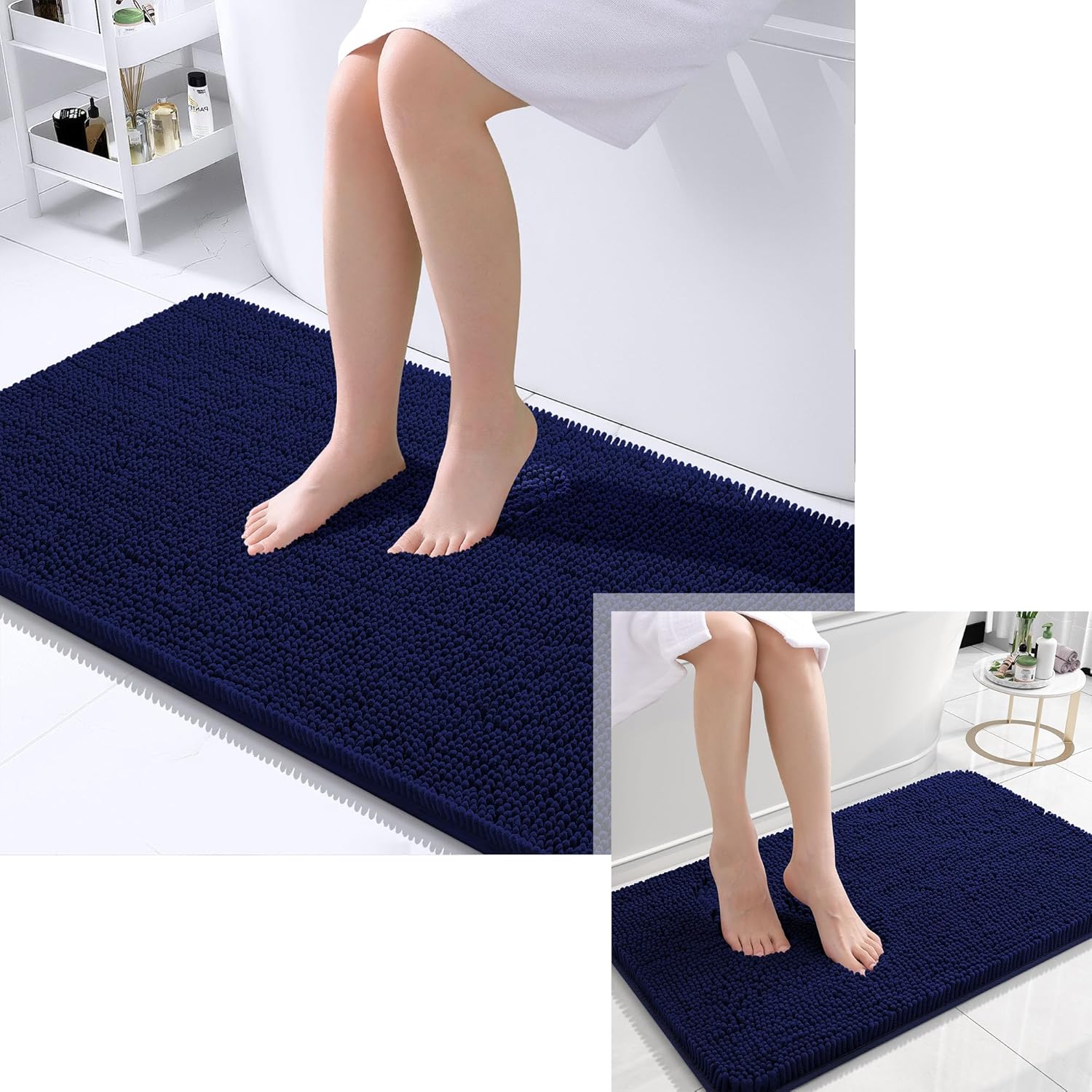 OLANLY Chenille Bathroom Rugs, Bath Rug Size 44x24+24x16 in Navy, 2 Item Bundle