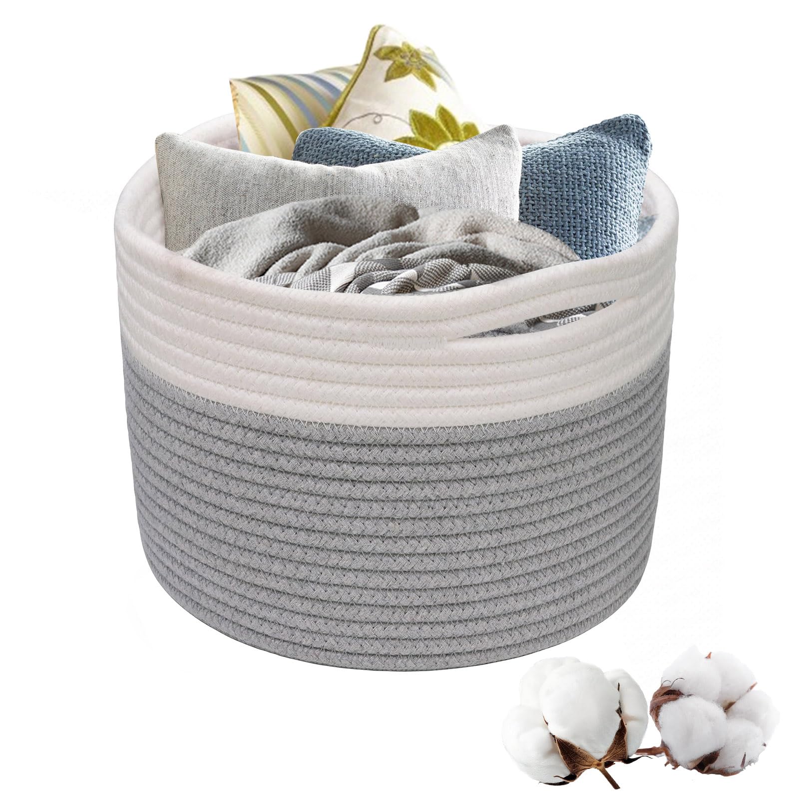 Kleiner Aufbewahrungskorb, Korb Geflochten mit Griffen, Stapelbare Wäschekorb Rund Baumwollkorb Korb Aufbewahrung Kinder für Organisieren von Kleidung, Badezimmer, Spielzeug, 21×21cm (Grau & Weiß)
