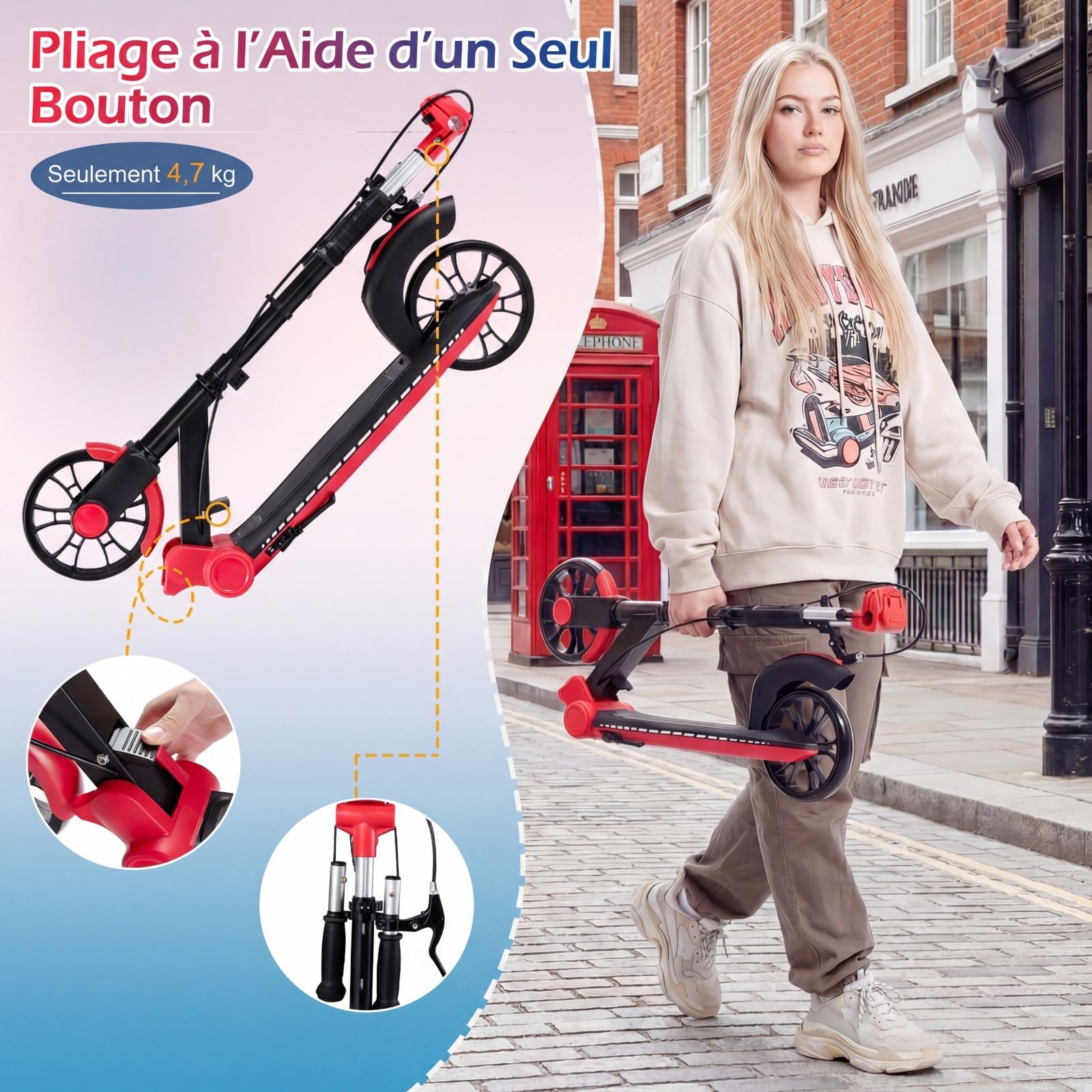 COSTWAY Trottinette Enfant Adultes(Charge Max 100 kg) avec Roues Lumineuse LED 180mm, Trottinette Freestyle Pliable avec Béquille et Guidon Réglable, ABEC-7, Plateforme Antidérapante, 6 Ans+