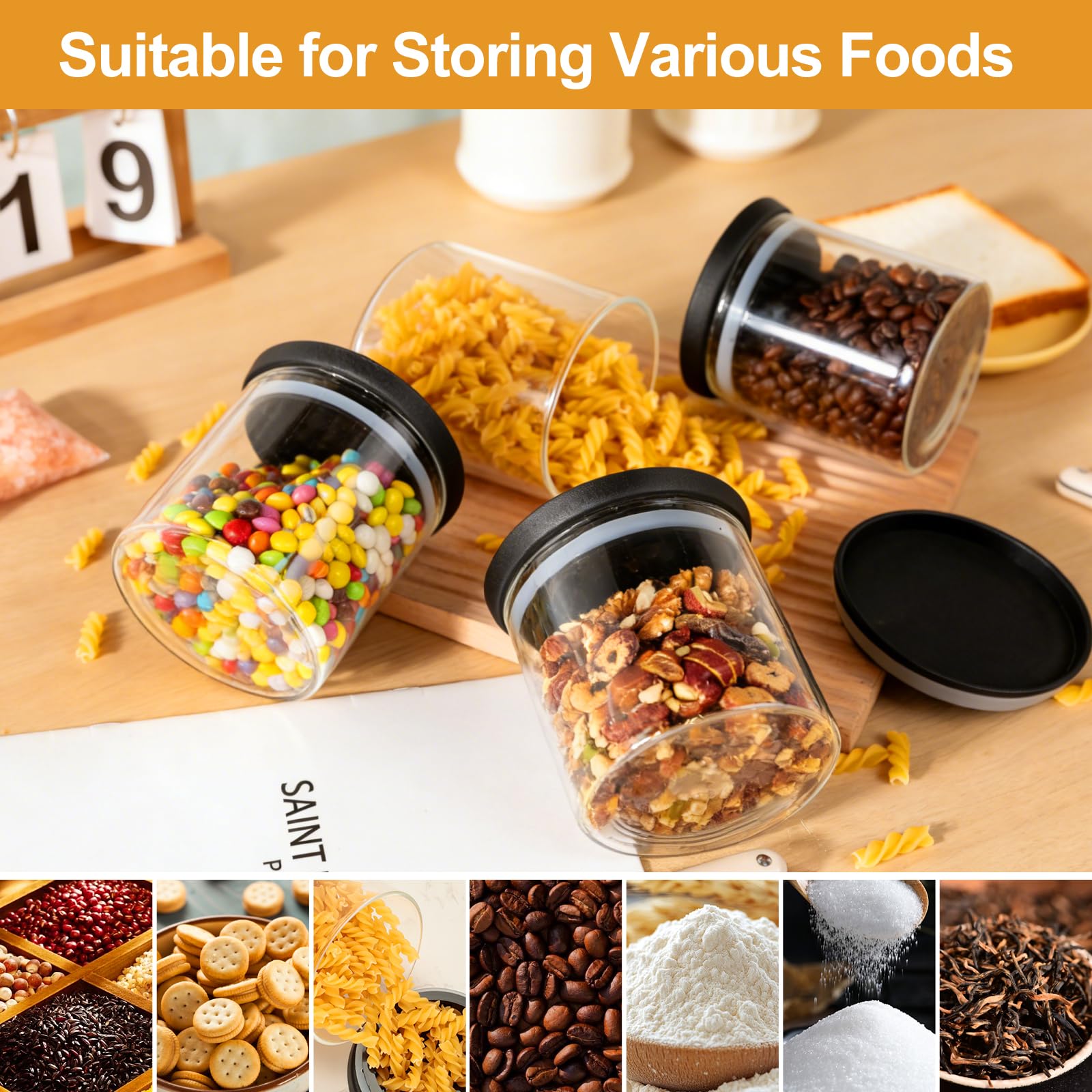 Romon Barattolo Vetro Con Coperchio, Set Di 4 (600ml Ciascuno), Trasparente impilabile, Contenitore Ermetico per Alimenti per conservare cereali, biscotti, pasta e caffè in grani