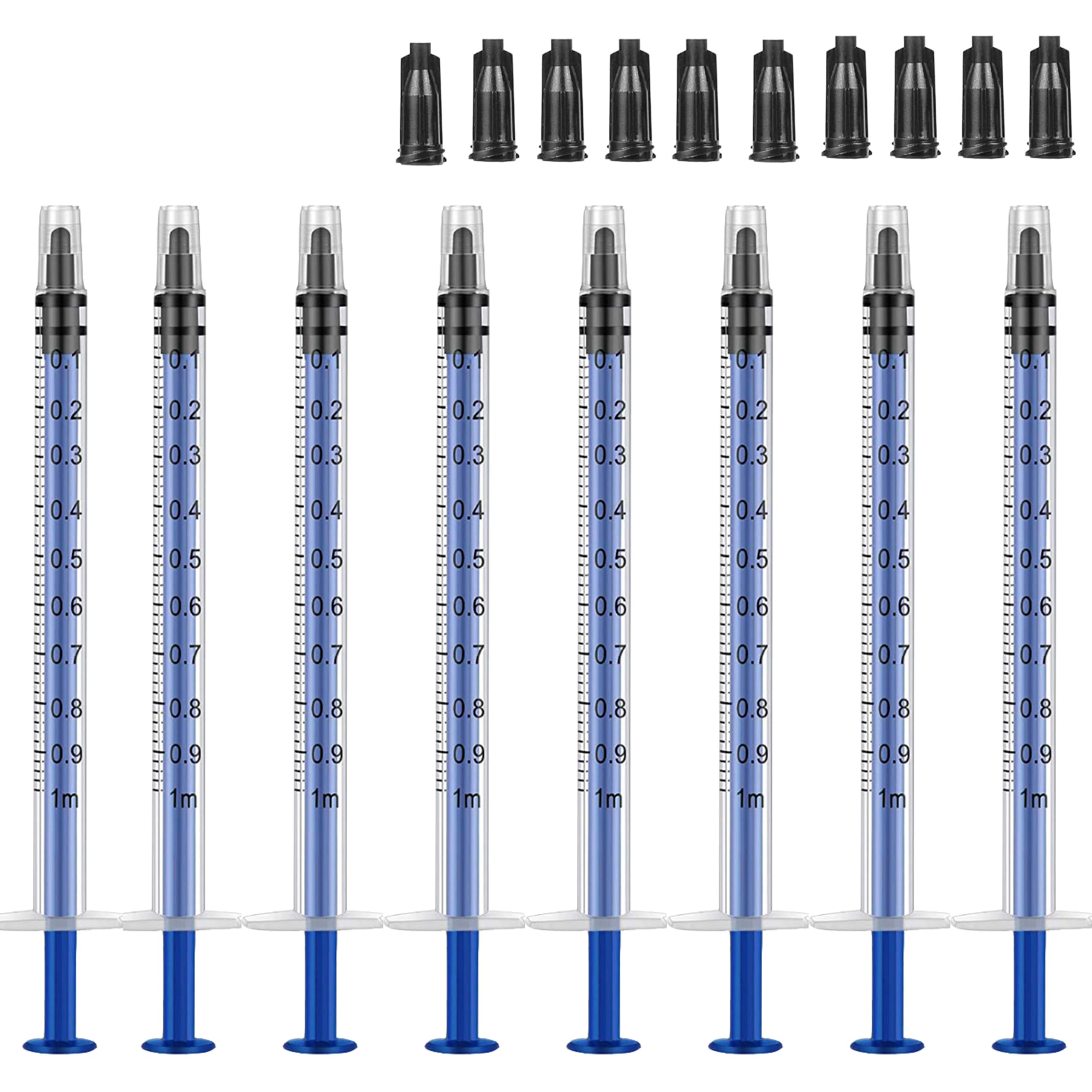 gufastore 10 Pack 1ml Plastic Syringe with caps for Scientific Labs, Measuring Liquids, Feeding Pets (Blue)