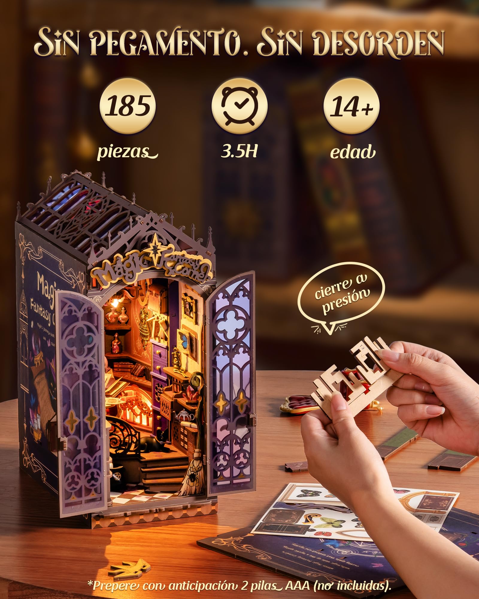 Rolife Book Nook Puzzle 3D Magic Fantasy Corner, DIY Miniature House con Luz y Puerta con Cierre, Booknook Kit de Diorama para Estantería de Esquina, Cumpleaños Único para Adultos