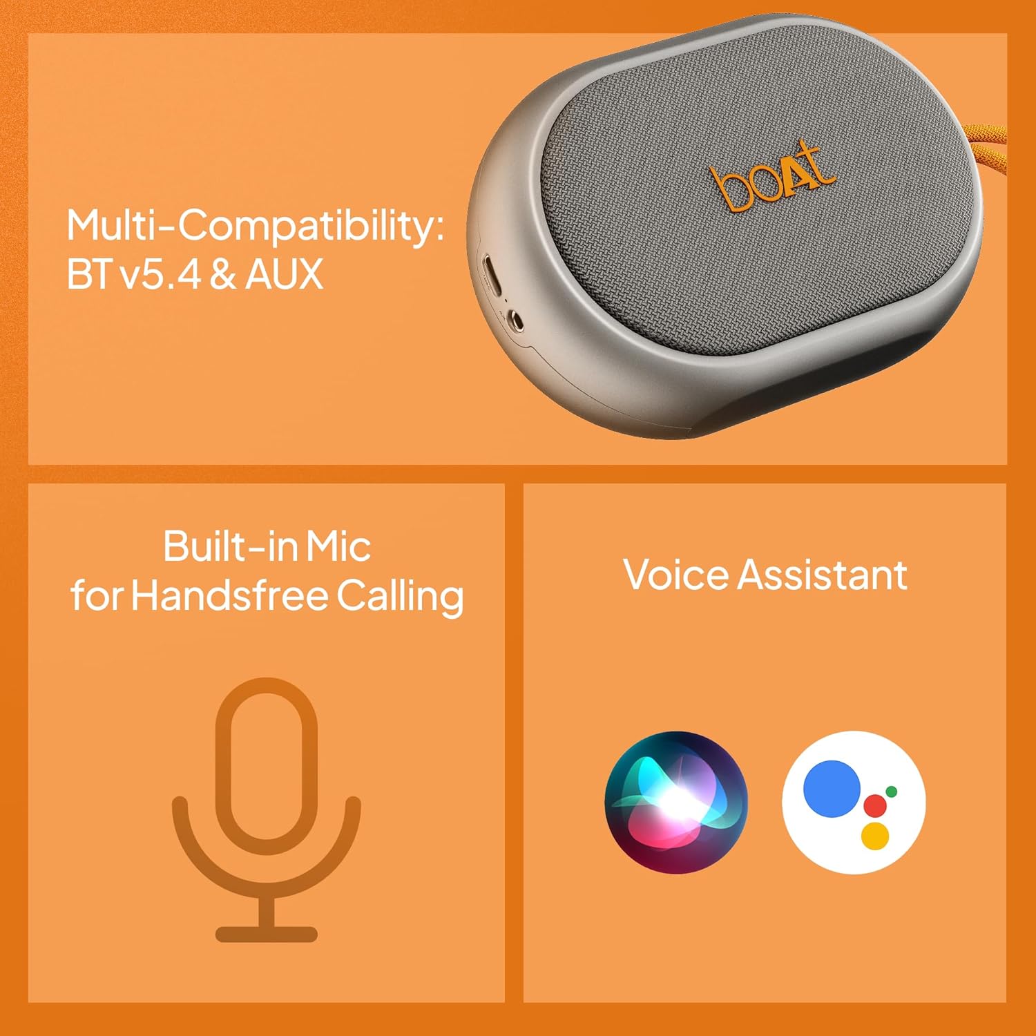 Diagram showing multi-compatibility (Bluetooth v5.4, AUX), built-in microphone for hands-free calling, and voice assistant support (Siri, Google Assistant).