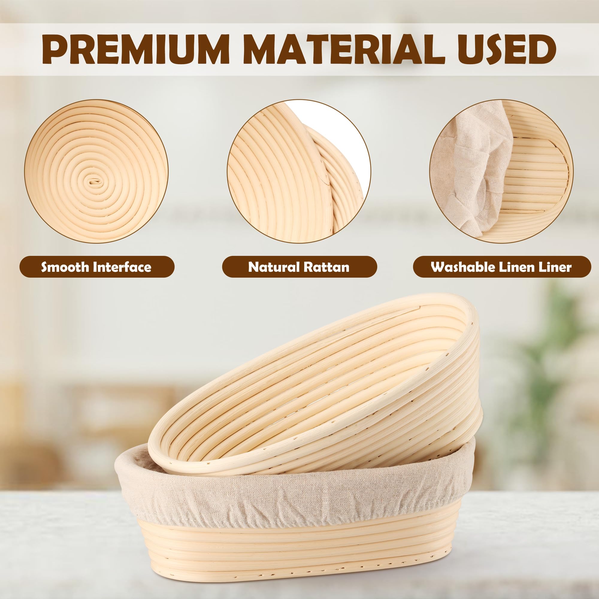 E-far Banneton Lot de 2 corbeilles à pain ovales de 25,4 cm pour lever le pain au levain avec doublures pour la pâtisserie domestique et professionnelle