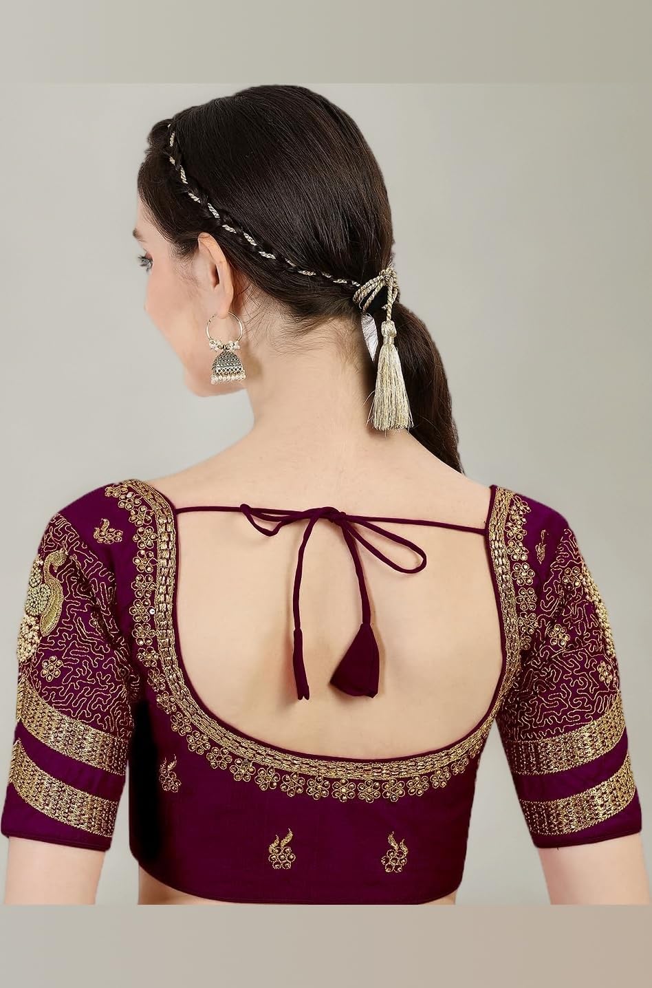 Pujia Mills Women's Silk Heavy Embroidery Peacock Khatli Work with Stone Work Readymade Blouse Sleeve_Type: Half Sleeve