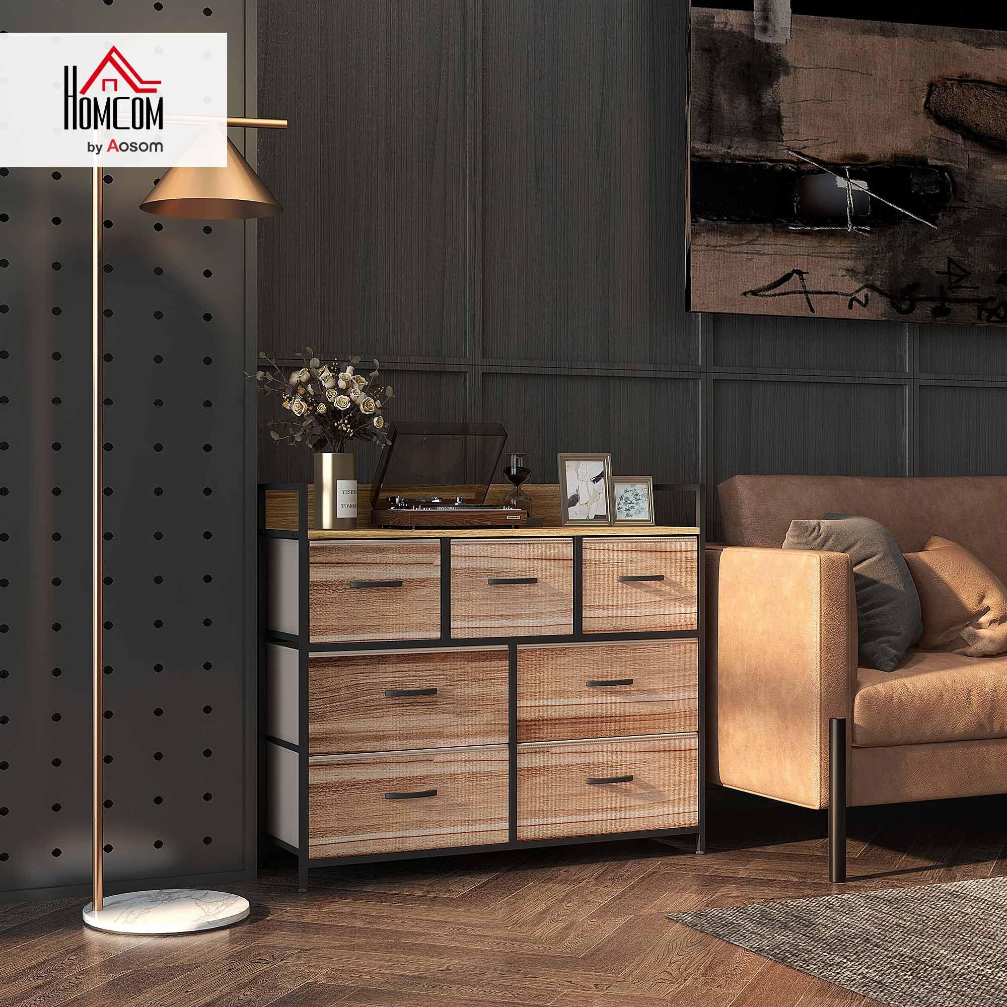 HOMCOM Commode Meuble de Rangement 7 Tiroirs 98x29x85 cm Noir Naturel | Chiffonnier, Structure en Acier, pour Chambre, Entrée, Salon
