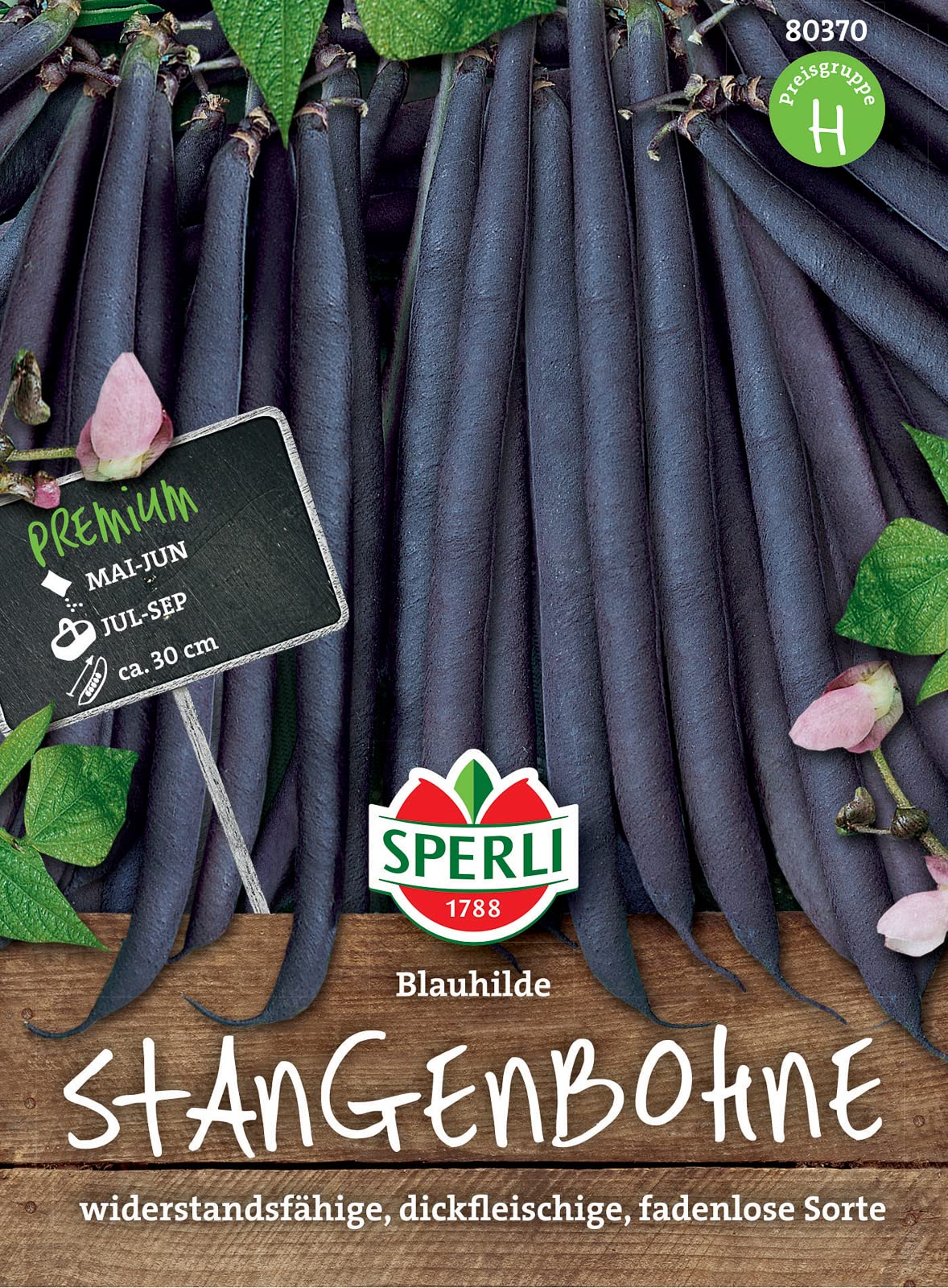 Sperli Stangenbohnensamen Blauhilde 80370 - dickfleischige, fadenlose, lange Hülsen - Inhalt für 15-20 Stangen - Gemüsesamen, Samen Gemüse, Saatgut | ertragreich, aromatisch, einfache Aussaat, ideal fuer den Gemuesegarten