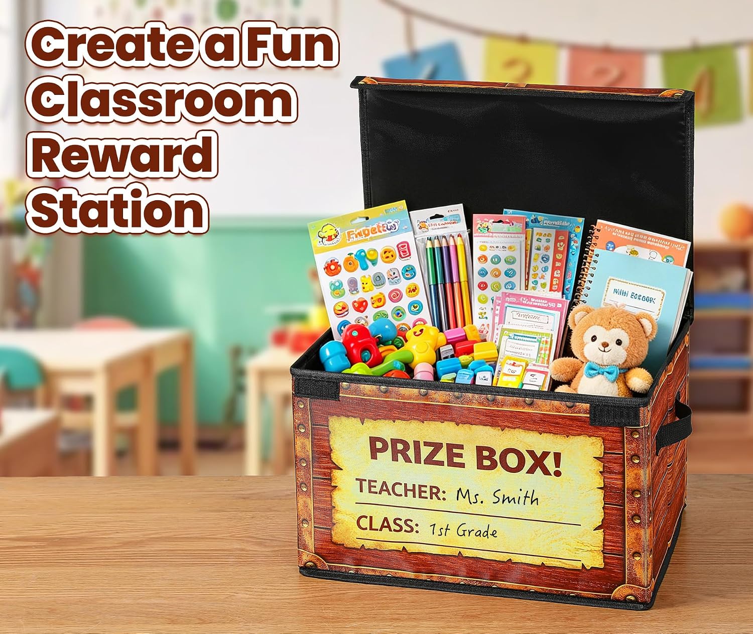 Classroom Treasure Chest Box for Teacher Rewards, 2 Pack | Prize Box With Writable Teacher/Class Labels, Reward Storage, Vintage Prize Theme, Sturdy Foldable Structure for Classroom