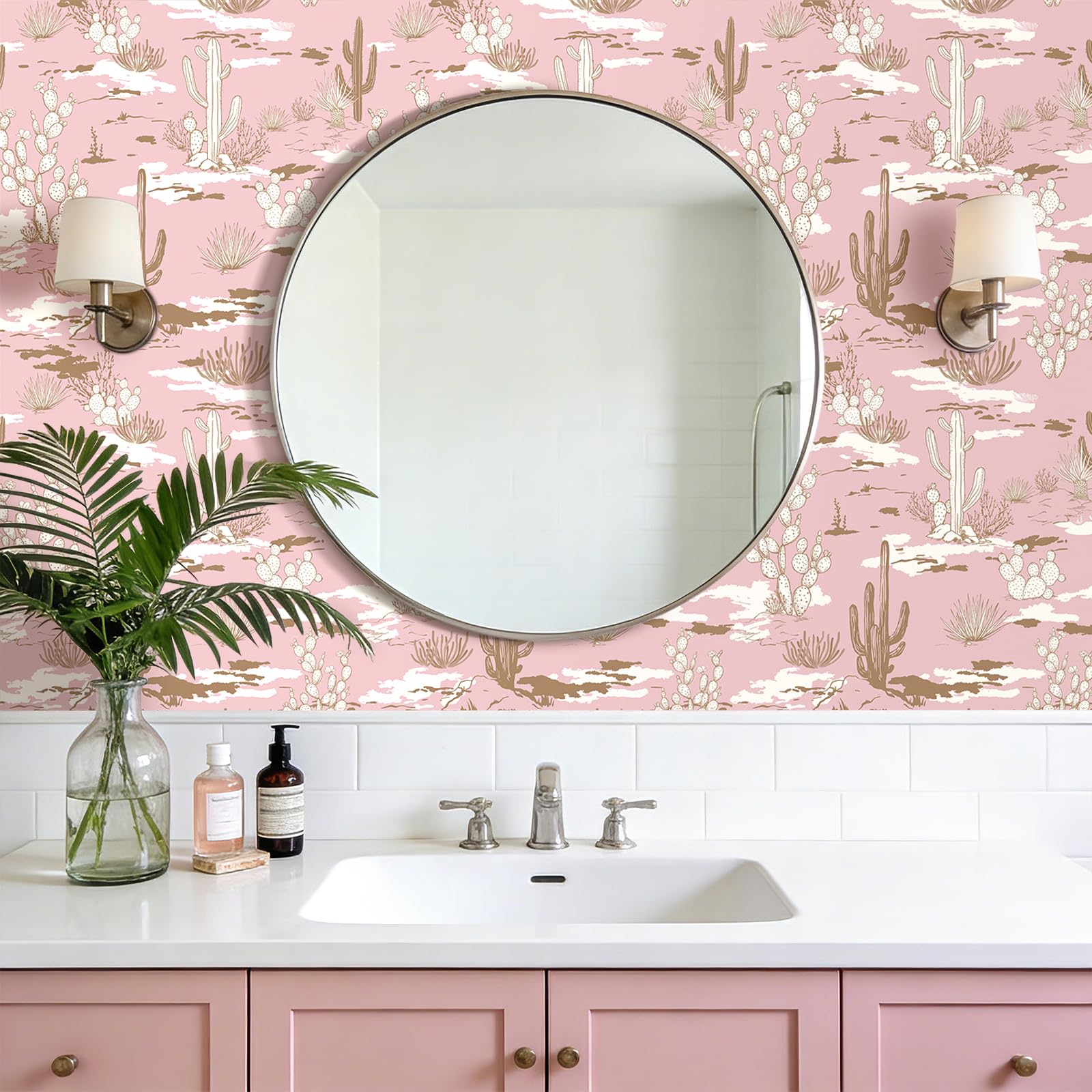 FunStick 44.5CMx9M Papel Pintado Rosa Flores Cactus Papel Pintado Pared Dormitorio Habitación Planta Suculenta Vinilos Rosa para Muebles Armarios Decorativo Vinilo Adhesivo Pared Hojas Cactus Desierto