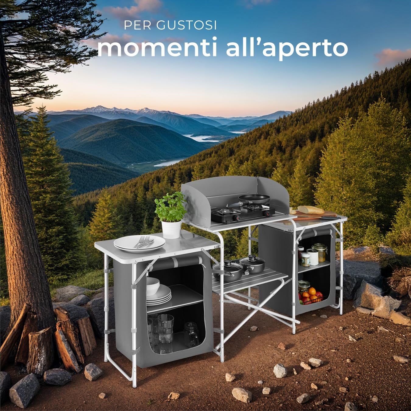 tectake® Cucina da Campeggio, Mobile da Campeggio con Piano di Lavoro e Ripiani, Cucina da Esterno Pieghevole, Idonea per Fornello a Gas, Borsa per Trasporto Inclusa