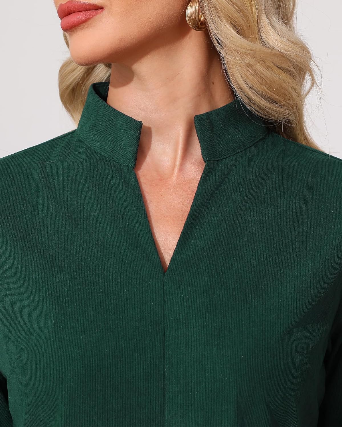 Women's Corduroy Dress 3/4 Sleeve V Neck Stand Collar Casual Vintage Fall Mini Shift Dress with Pocket - Image 5