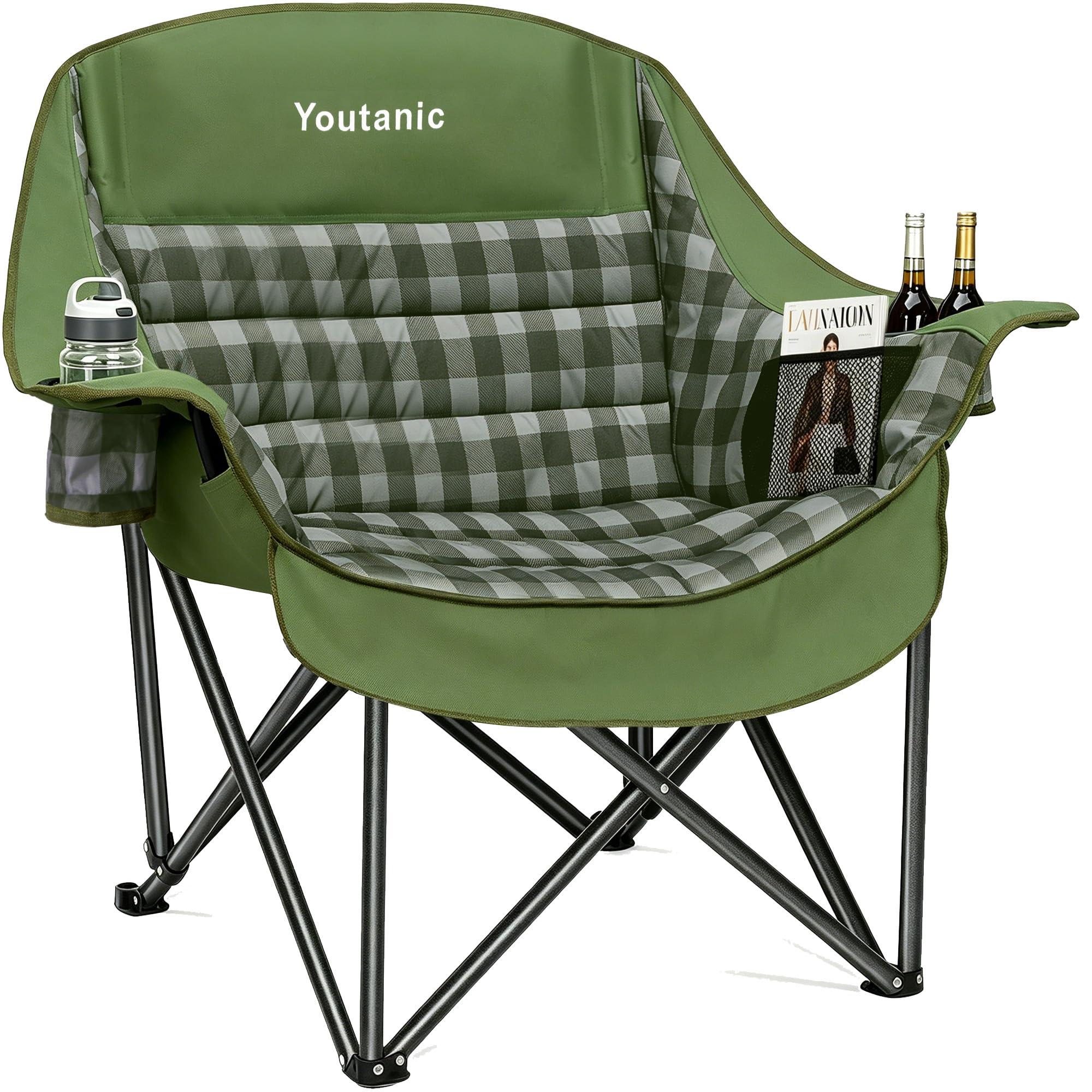 Youtanic Oversized Large Padded Camping Chair, 400 lbs Foldable Lawn Chair | Heavy Duty Outdoor Camping Chairs with Cup Holders & Storage Pockets for Fishing, Sports, Green Paid