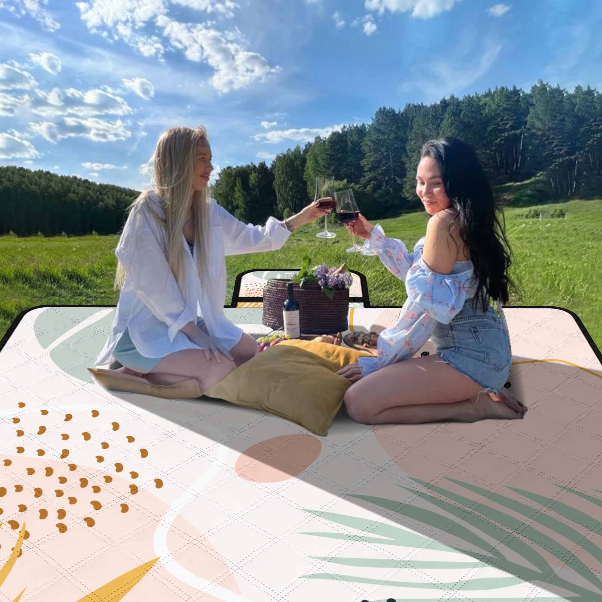 Jopee Picknickdecke Sandfrei, 200 x 200cm Wasserdicht Stranddecke für 4-6 Personen, Leicht und Tragbar Campingdecke mit Tragegriff, Faltbare Strandmatte für Wandern, Reisen, Outdoor - Blätter