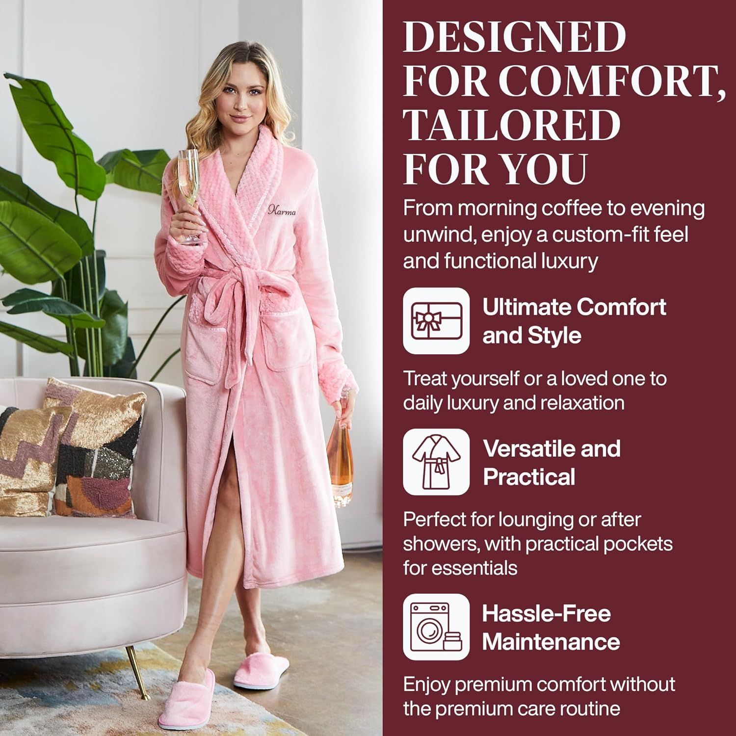 Lotus Linen Plush Robes for Women - Soft Bathrobe, Custom Monogram, Warm Fleece Robe with Pockets - Image 5