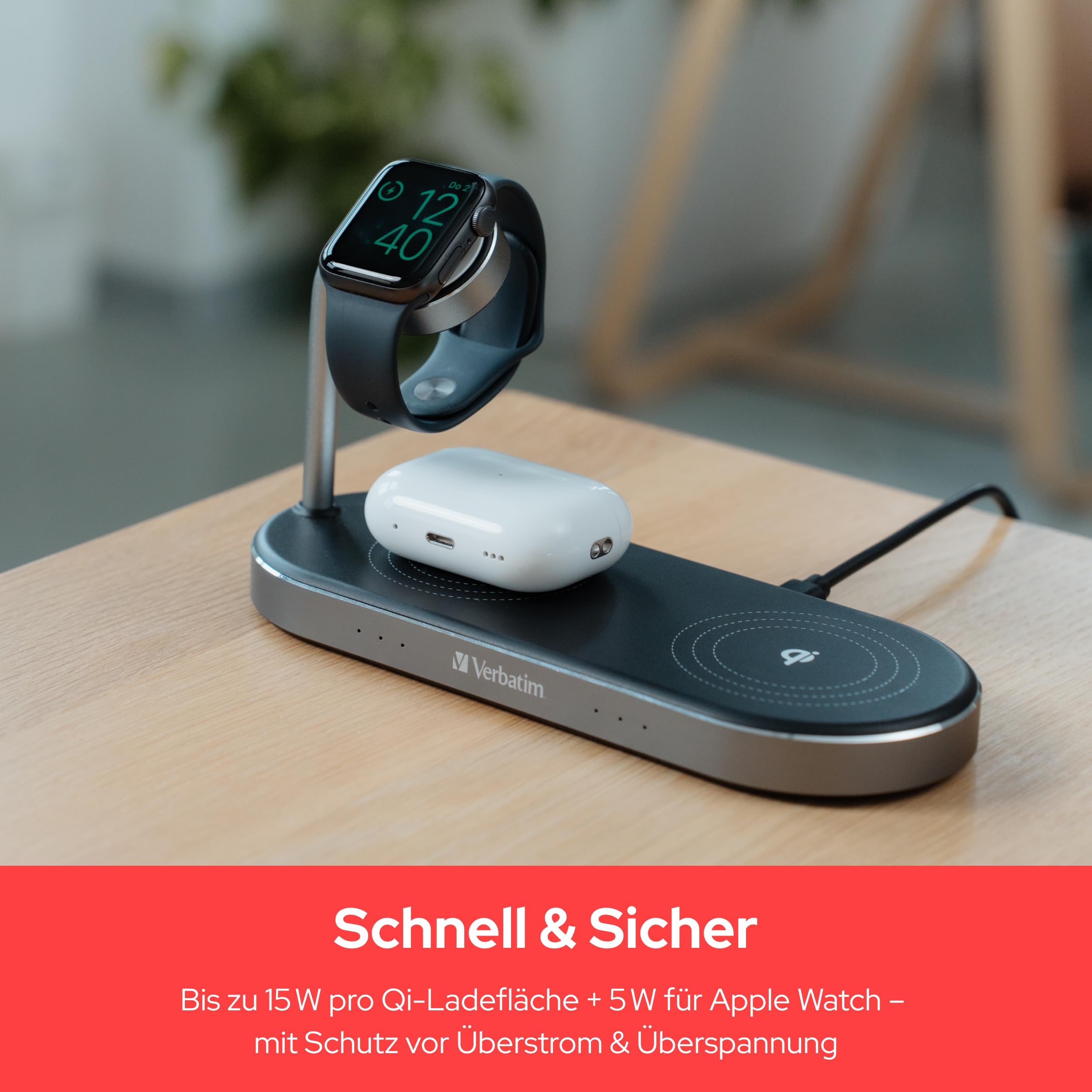 Verbatim 3-in-1 Qi MFi Dual Wireless Charger WCS-03, für iPhone, Apple Watch & Qi-fähige Geräte, Handy Ständer mit induktiver Ladestation, kabelloses Ladegerät für Apple, Samsung und mehr