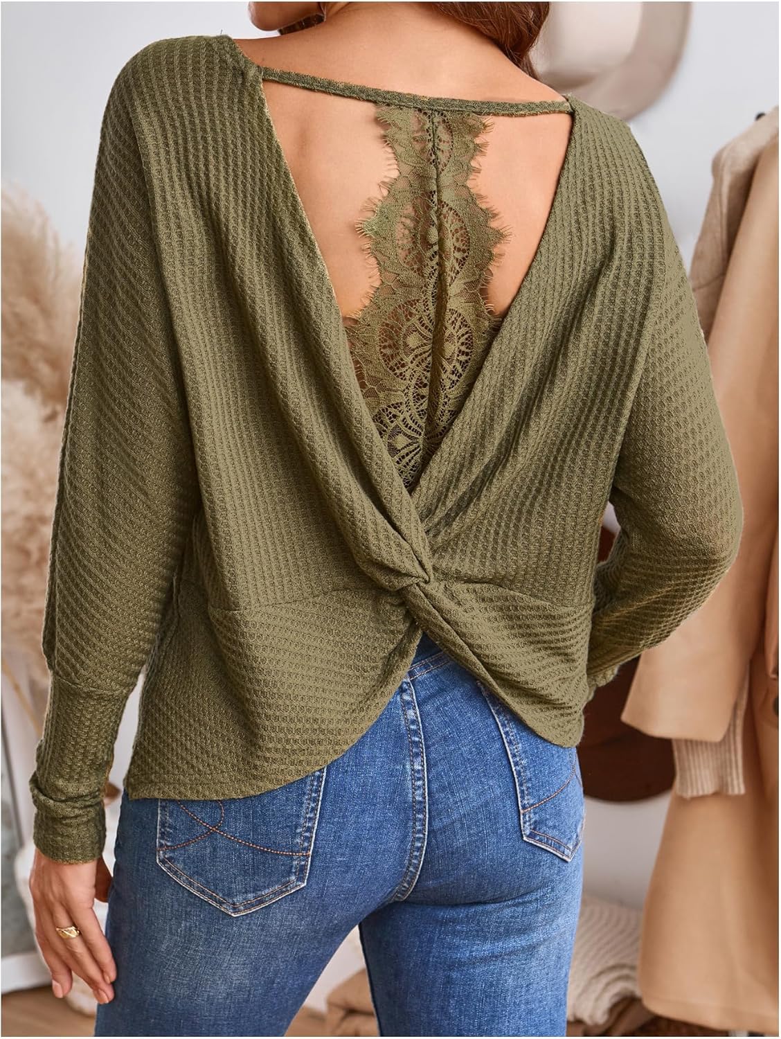 SOLY HUX Women's Long Sleeve Shirts Lace Open Back T-Shirt Casual Textured Waffle Knit Tee Tops - Image 3