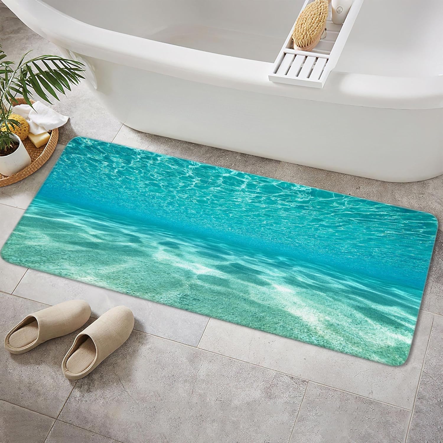 MERCHR Cute Teal Blue Ocean Bath Mat, Nature Underwater Sea World Sand Beach Bathroom Rugs, 17 x 48 Inches