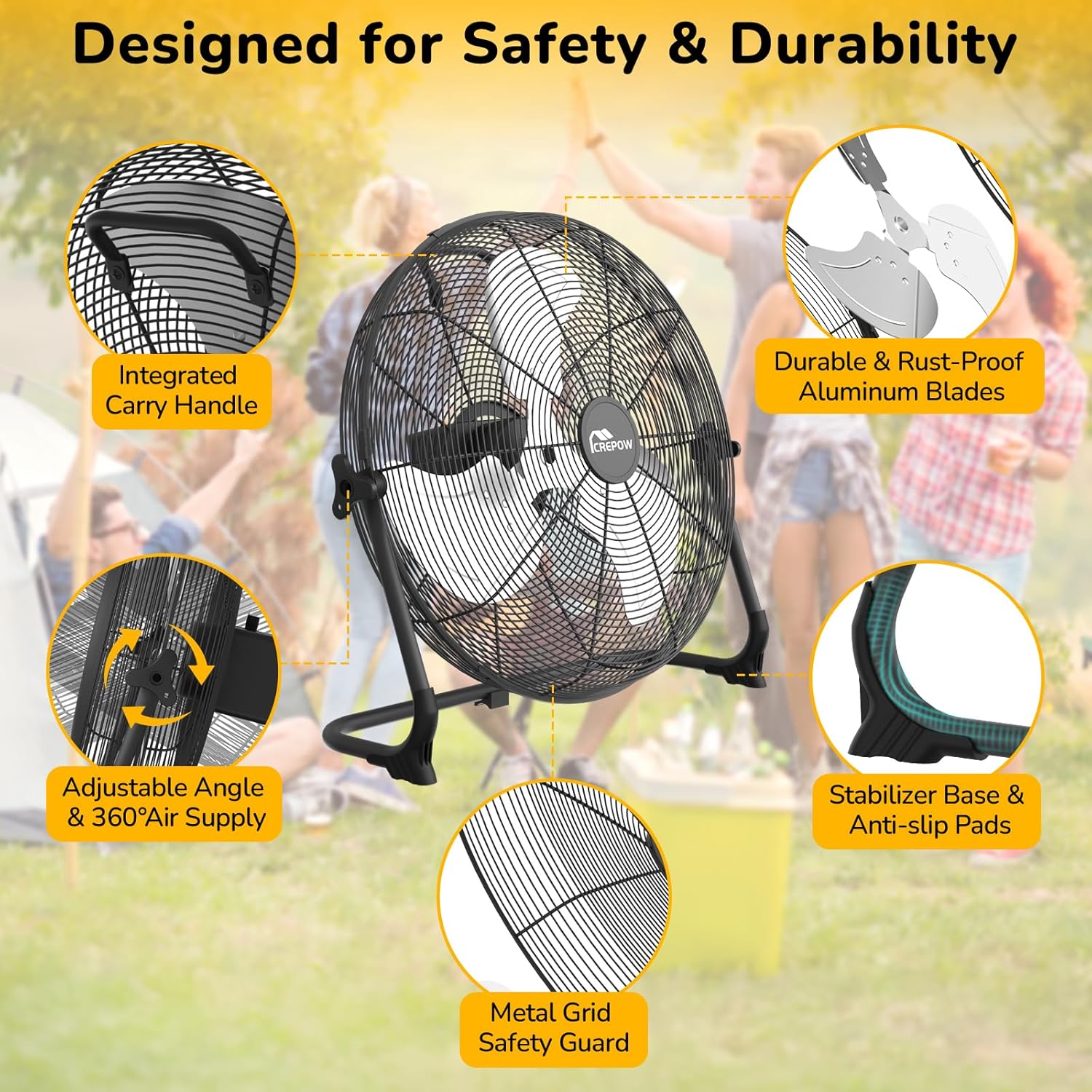 16" Solar Powered Floor Fan Rechargeable, Battery Operated Floor Fans Outdoor with USB&Type C Output, 4-25H Runtime, Cordless,Quiet, for Outside Camping Greenhouse Shed Home Garage