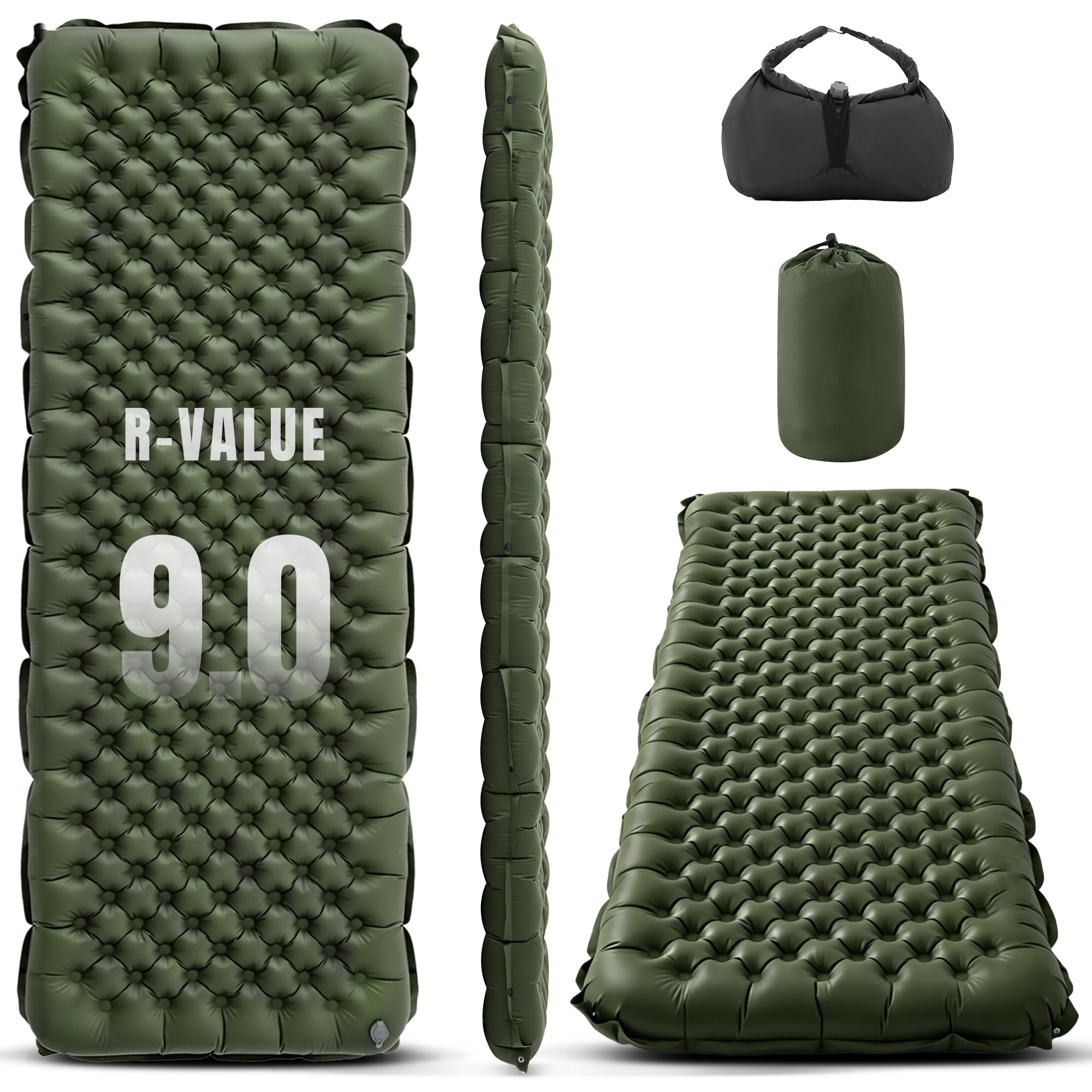 Lamberia 9.0 R Value Self Inflating Sleeping Pad, 5" Thick Ultralight Camping Mattress with Pump Sack, 4-Season Insulated Sleeping Mat for Cold Weather Backpack, Hike, Camping, Outdoor(Green, Single)