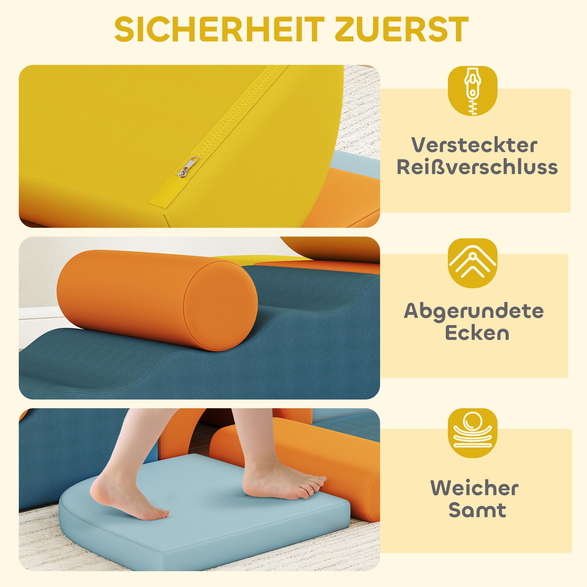 AIYAPLAY Schaumstoff Bausteine 9-TLG. Kinder Softbausteine Bausteinset mit abnehmbarem Bezug Klettern Großbausteine mit Cord-Optik Bauklötze Bunt