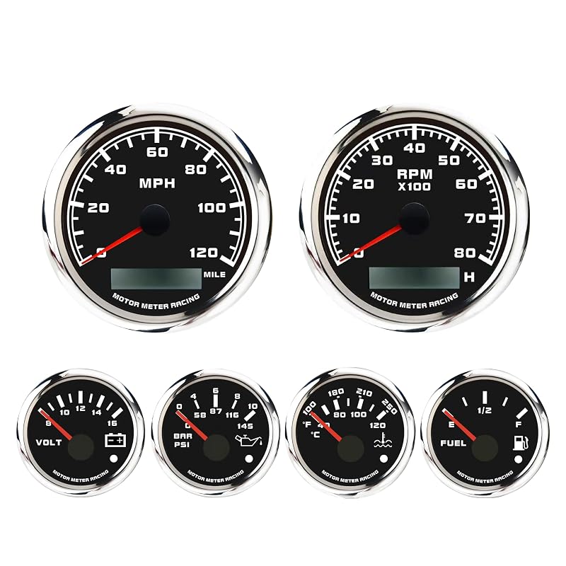 Jogo de 6 instrumentos MOTOR METER RACING W PRO com velocímetro GPS e tacômetro – mostrador preto
